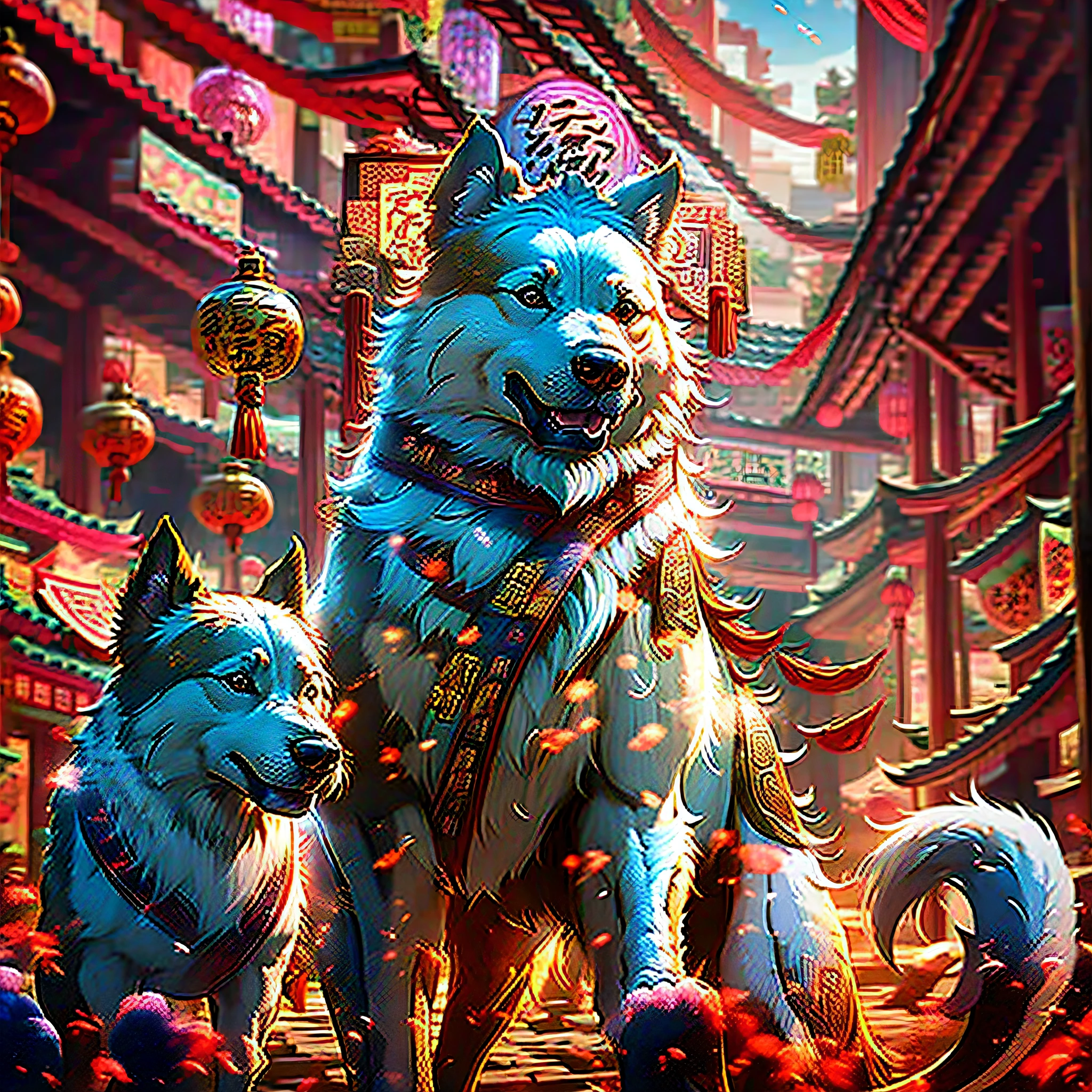 chinese new year greeting with a woman and a dog in a landscape, vibrant tourism poster, poster illustration, promotional poster, 中 元 节, trending on cgstation, large view, 千 葉 雄 大, 6k, 6 k, 中 国 鬼 节, poster, xianxia fantasy