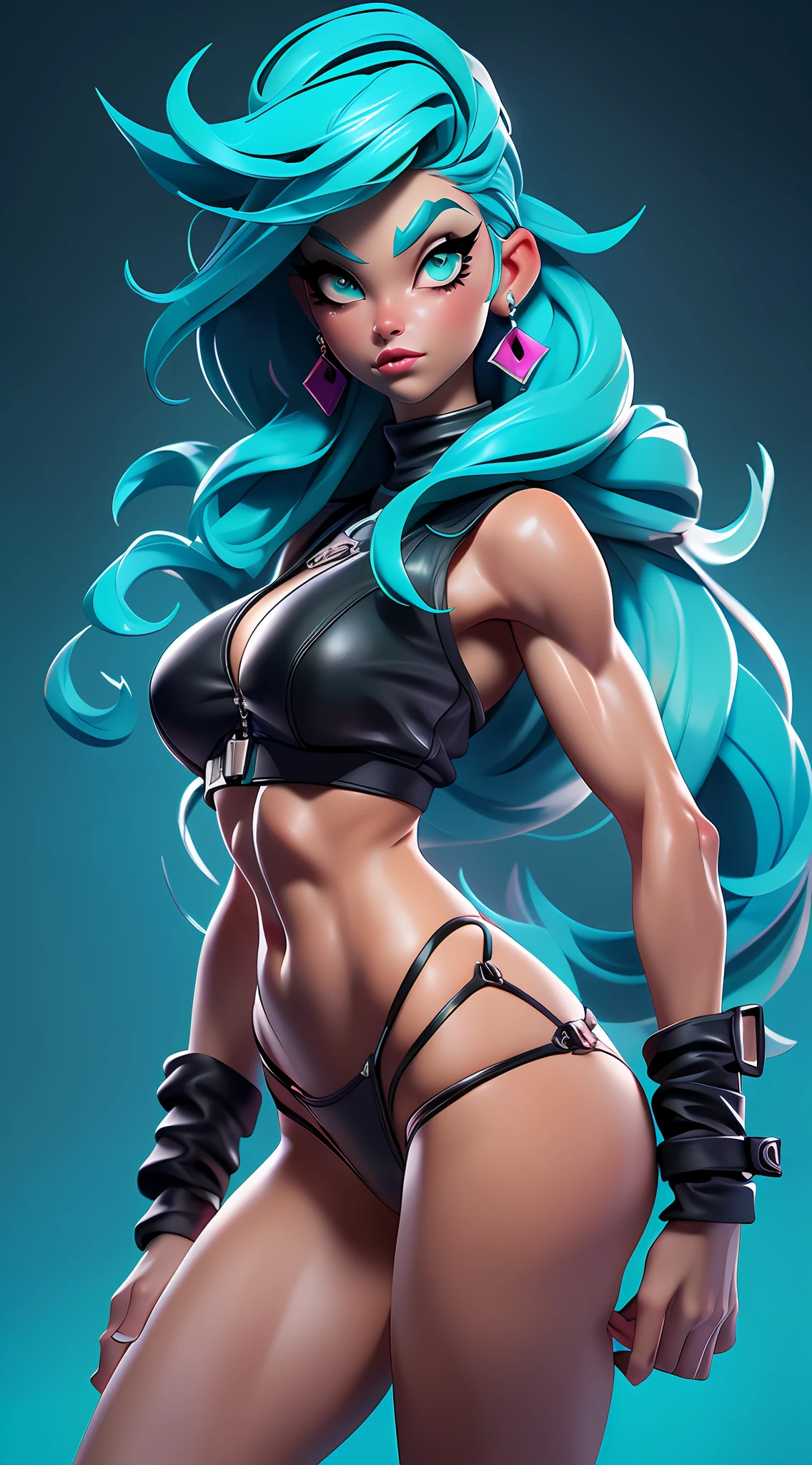 ((Best Quality)), ((Masterpiece)), ((Realistic)) and ultra-detailed photography of a 1nerdy girl with goth and neon colors. She has ((turquoise hair)), wears a small skimpy black bikini thong , ((beautiful and aesthetic)), muscular fit body abs, sexy, under-boobs, hot