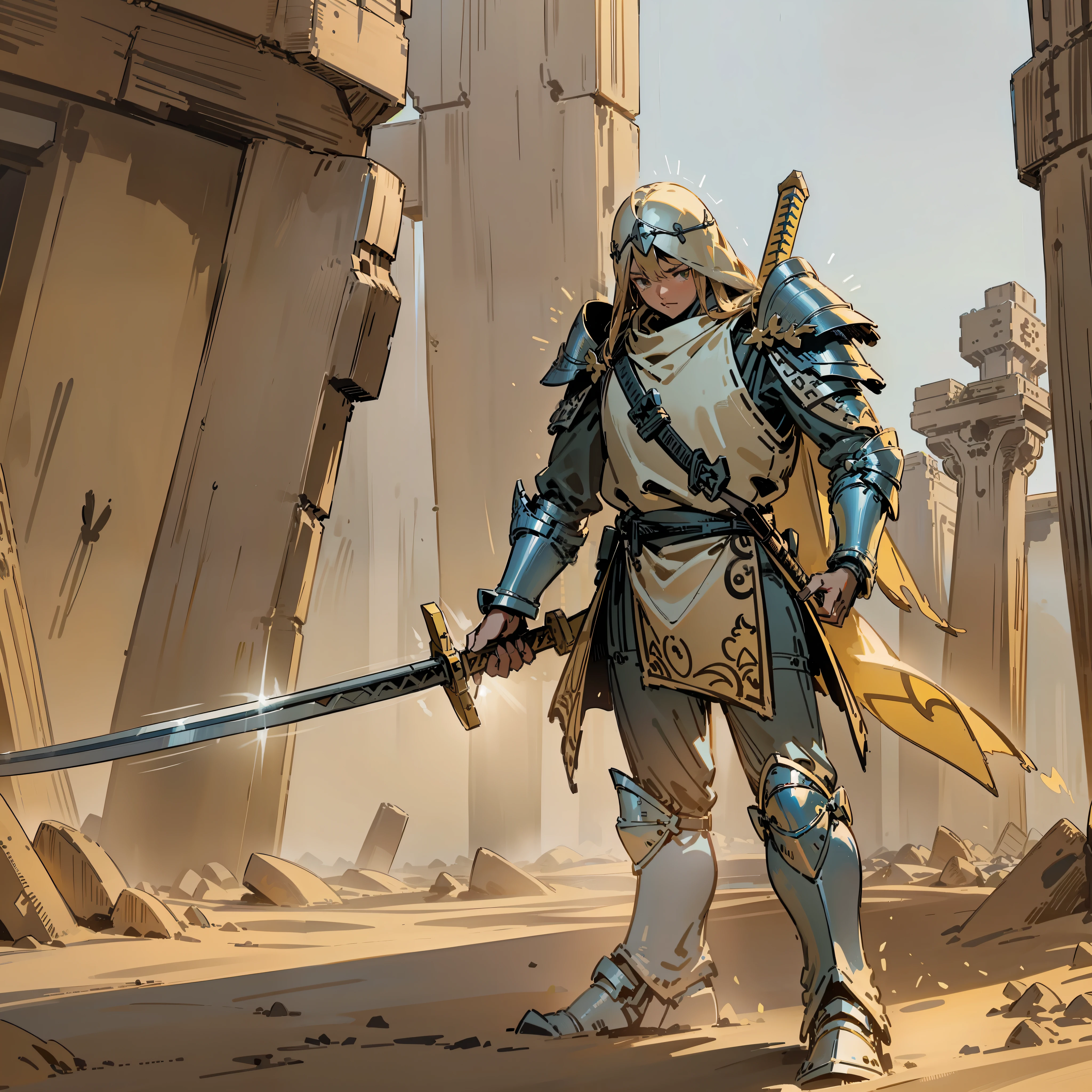 barracks, soldiers, training, (ancient), long hair, long sword, armor, flying sand, dusty dust, yellow, earth, wood obstacles, comics, ray tracing, 3d rendering, cartoon, cute style, outdoor details, 4K, HD, high quality