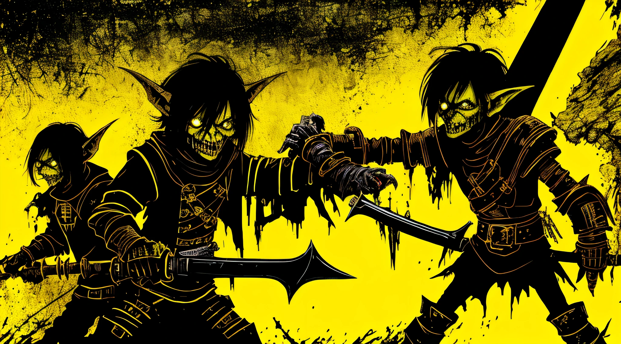 yellow and black, medieval deformed goblins, with a sword, in the style of Mork Borg, strong contrast, grunge dirty punk splash art, black metal zine