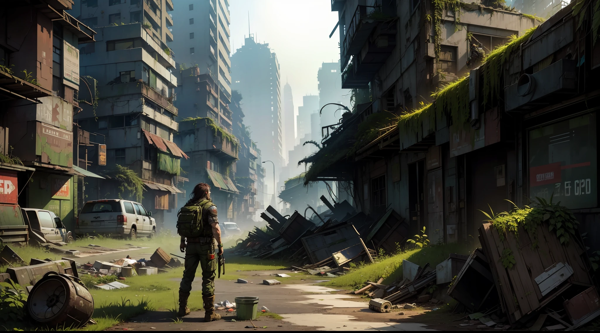 A super-detailed CG illustration of a rampaging hunter standing by a trash heap overgrown with moss and plants in a post-apocalyptic cyberpunk cityscape, a dynamic perspective highlighting the destruction and abandonment of the city.