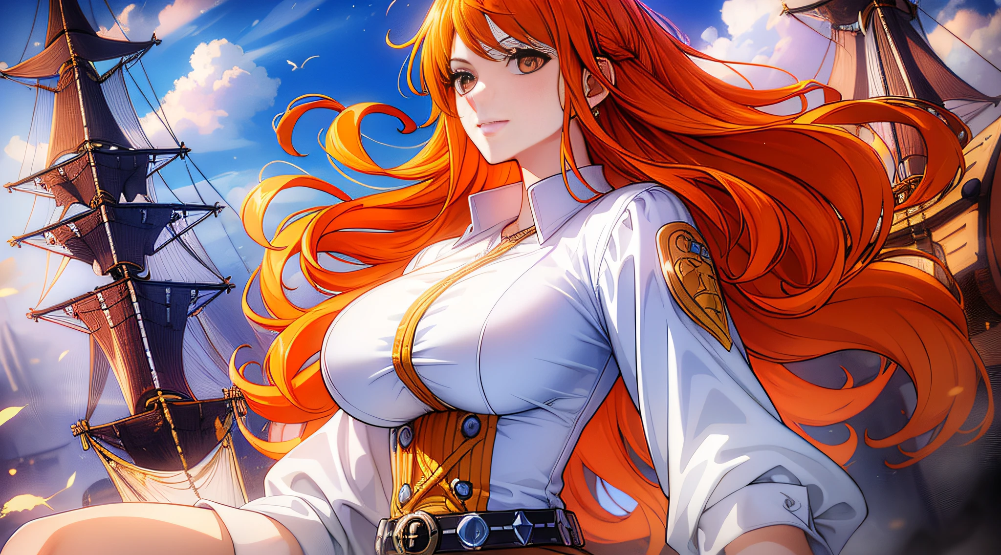 (((masterpiece+best quality+high resolution+ultra-detailed))), 1girl with clima-tact, Nami, long silky orange hair, high nose, sharp eyes, noble and inviolable temperament, (([female]: 1.2 + [beauty]: 1.2 + orange long hair: 1.2)), pirate ship background, blue sky, clouds, bracelets, white long sleeve mini dress and donned another belt, bright eyes, dynamic angle and posture.