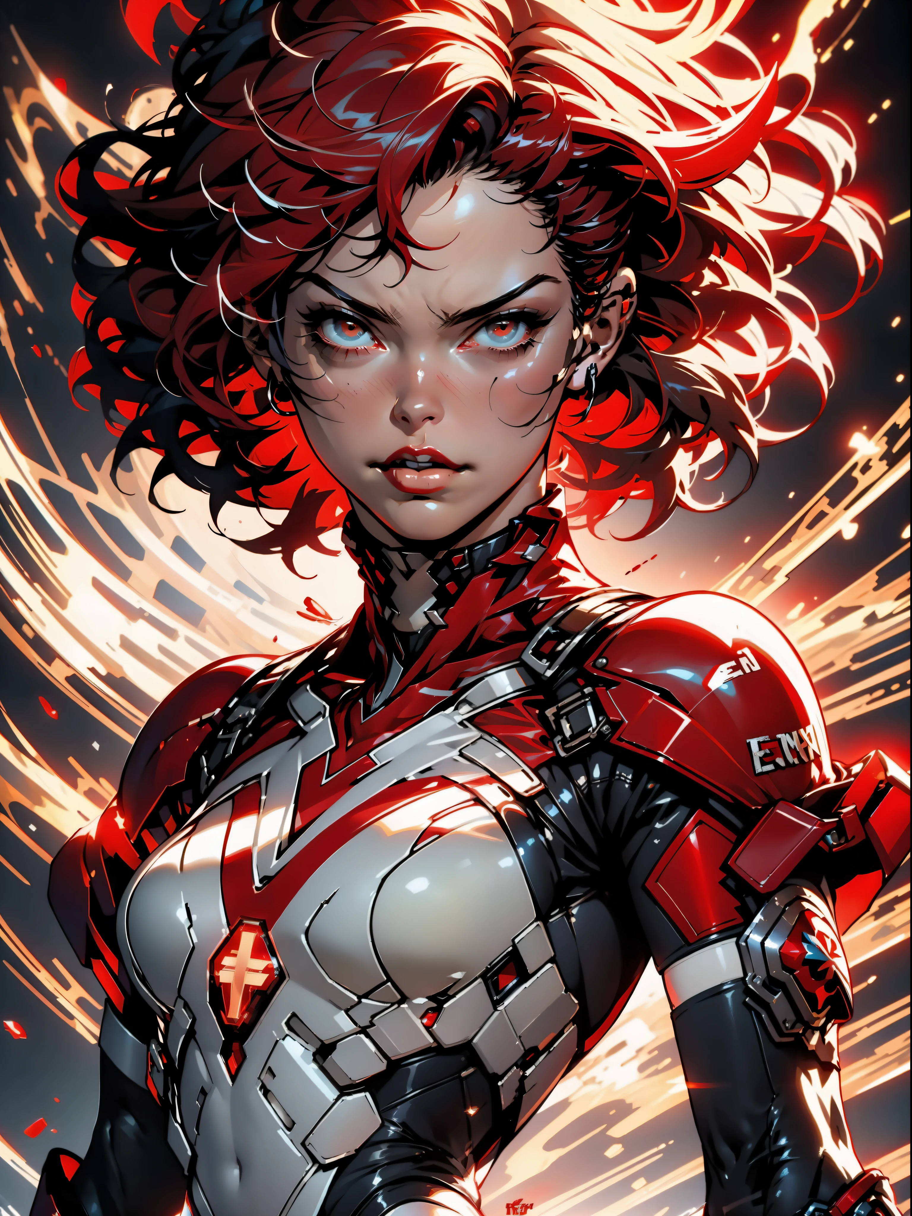 ((Best quality)), ((masterpiece)), (detailed: 1.4), A muscular 35-year-old Russian warrior woman almost naked in the Simon Bisley style for the cover of Heavy Metal magazine, bare thighs, tiny thong, garter belt, super short black hair, clean face, Minimal clothing, red carbon fiber cyberpunk outfit with small blue and white details, (((red clothing))), (((short-cut))), ((Annie Lennox)), (((mature woman))), full body, ((((red lowercase thhong)))