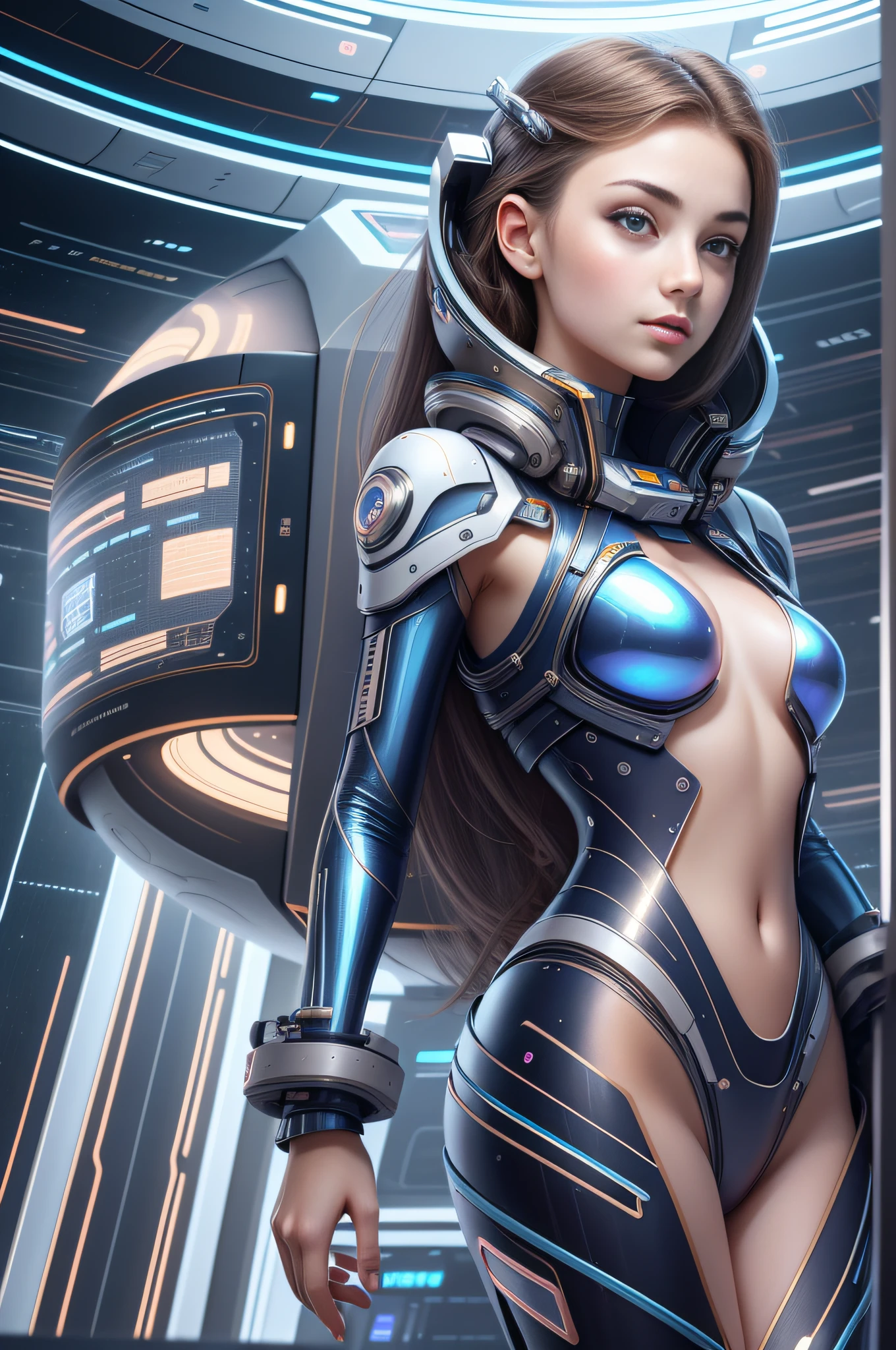 1 cute and beautiful girl, 20 years old, standing in a huge spaceship, full of technology and futuristic inside, open vision, smooth lines, inspired by the movie space traveler, seductive appearance, ultra HD, sexy long legs