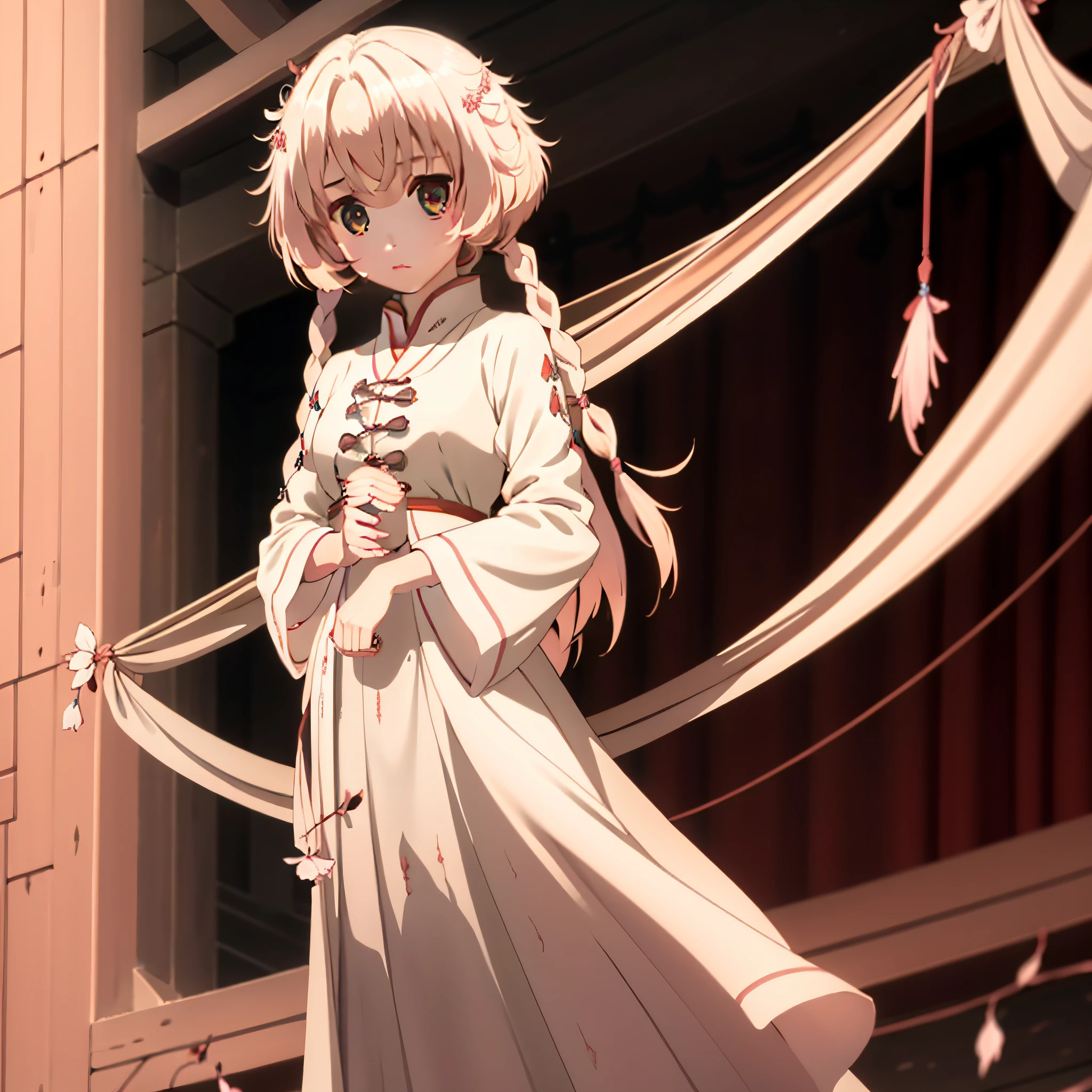 There is a girl in a green dress, plum blossoms, palaces, oriental architecture ray tracing, {best quality}, {{masterpiece}}, extremely detailed 8K wallpaper, {an extremely delicate and beautiful}, colorful, intricately detailed, Realistic, real, camera quality, (detailed depiction of clothes), cool white skin, (detailed depiction of blush), 1080p, sun, soft cuteness, smooth light silver hair, messy beauty, lighting, broken feeling, bright and silky skin , 3D stereoscopic, masterpiece, best quality, super fine illustration, beautiful eyes, very fine light, fine glow, very fine 8K CG wallpaper, peach eyes, red pupils, an extremely delicate and beautiful girl, 8k Wallpaper, best quality, full body close-up, white long dress, luxurious silky bright red chiffon floodlight (magic, glitter, ultra-thin, soft,) Hanfu