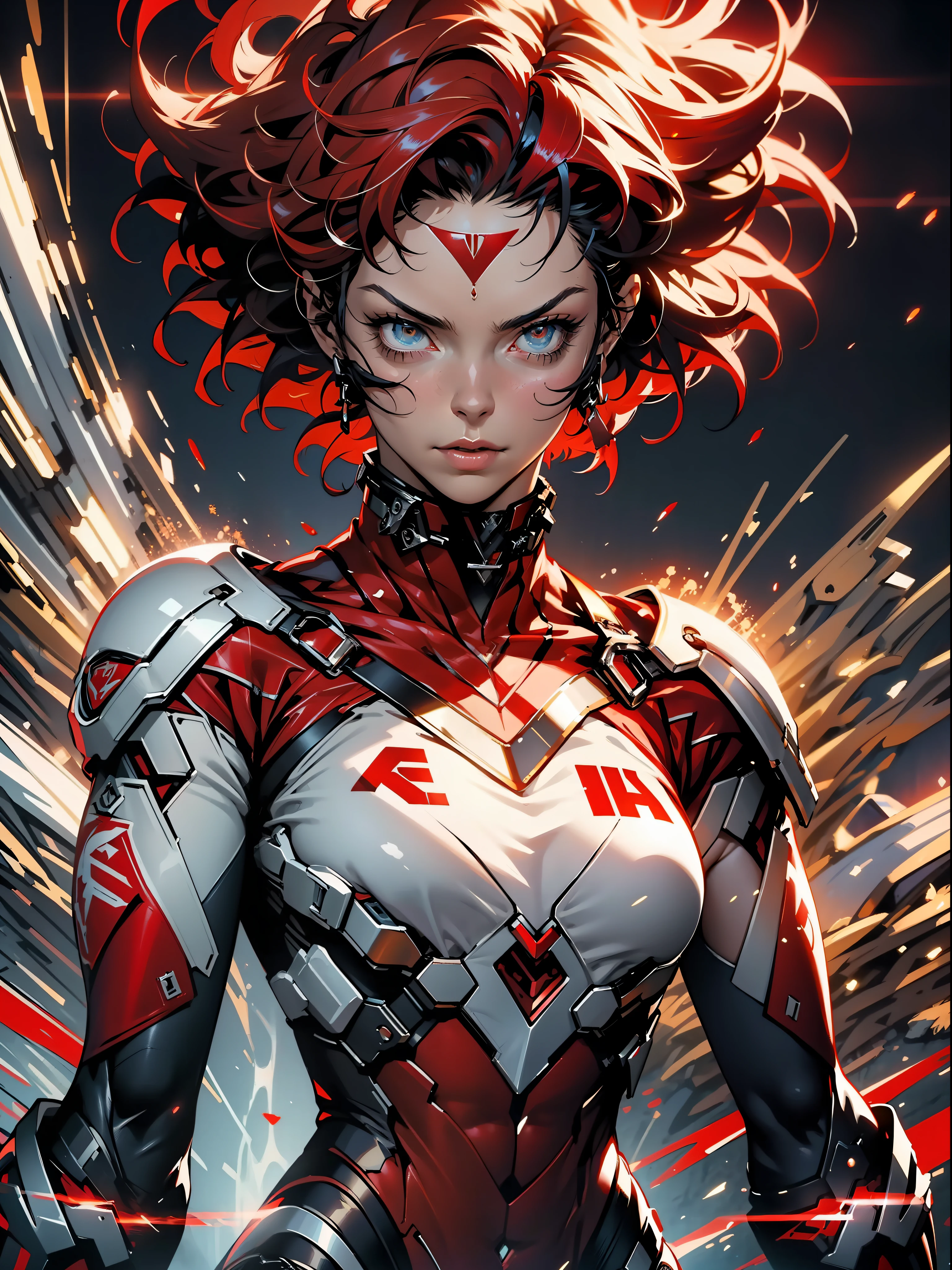 ((Best quality)), ((masterpiece)), (detailed: 1.4), A muscular 35-year-old Russian warrior woman almost naked in the Simon Bisley style for the cover of Heavy Metal magazine, bare thighs, tiny thong, garter belt, super short black hair, clean face, Minimal clothing, red carbon fiber cyberpunk outfit with small blue and white details, (((red clothing))), (((short-cut))), ((Annie Lennox)), (((mature woman))), full body, ((((red lowercase thhong)))