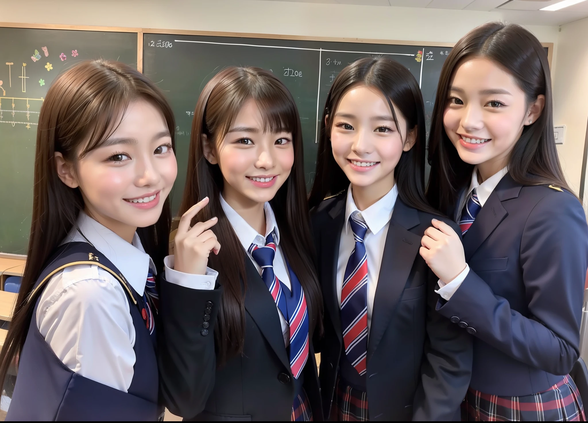 3 young women, oriental, idol, beauty, 13 years old, school uniform, classroom, smile