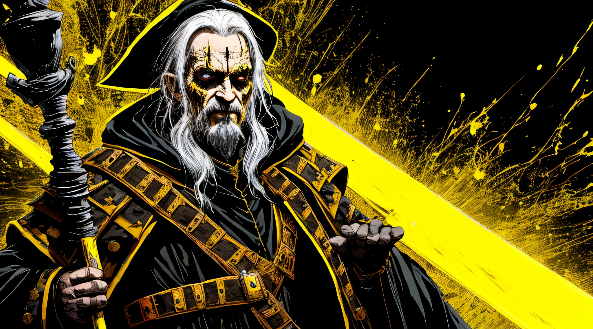 yellow and black, a medieval old man, dark sorcerer, medieval armor robes, with a staff, in the style of Mork Borg, strong contrast, grunge dirty punk splash art, black metal zine