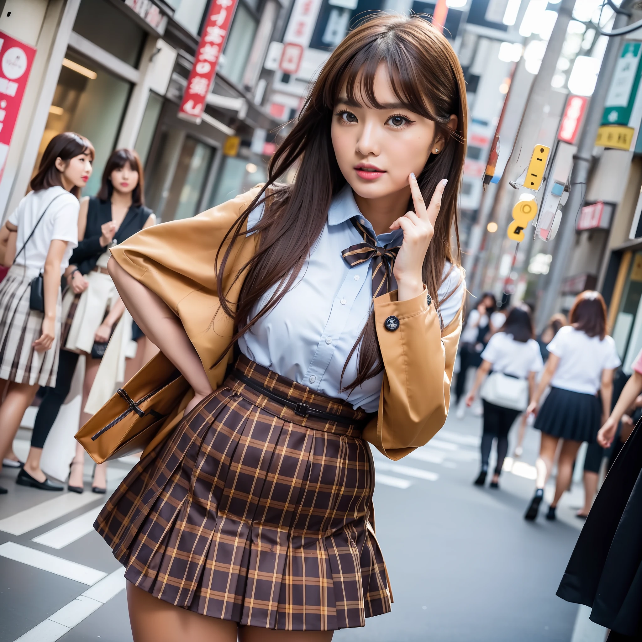 1girl, Solo, Best Quality, Japan Female Photography, 16 years old,(Plump),(dark skin),((Tanned skin)),(makeup),(lipstick:1.1),(eyeliner:1.2),(mascara),(eyeshadow),Japan gal, (big), shortcut, brown hair, japanese school uniform, Naughty look, brown eyes, camera facing, charismatic,vibrant scene, playful wink, lively atmosphere, knee bent lightly, fingers under chin, hip-to-hip shots, teasing manners, cheeky look, downtown.