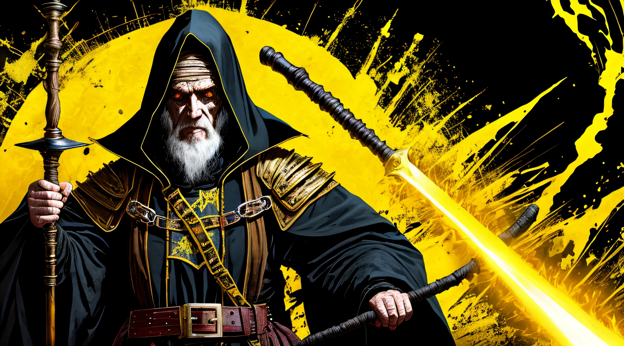 yellow and black, a medieval old man, dark sorcerer, medieval armor robes, with a staff, in the style of Mork Borg, strong contrast, grunge dirty punk splash art, black metal zine