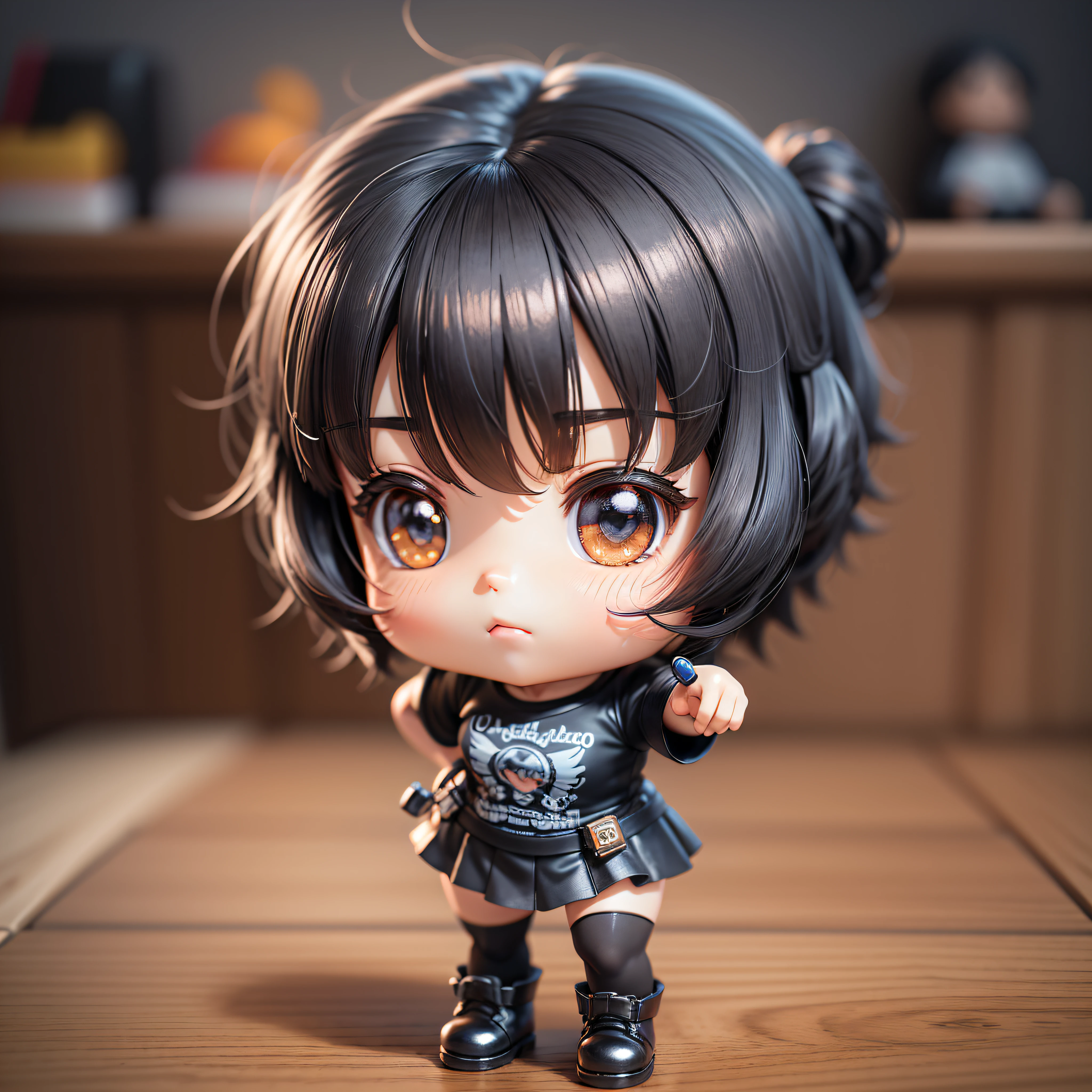 (Masterpiece), (Best Quality), (Highest Detail), (Full Body: 1.2), (Chibi), Moe Girl, 3D, Q Version, Short Black Hair, Girly, Light and Shadow, Female, Girl, Tide Play Blind Box, Q Edition Characters, Figures, Dolls, Watery Big Eyes, Laughter, Short Hair, Black Hair, T-Shirt, Black Leggings, Indoor, Background Light, Natural Light, Cinematic Light, Best Image Quality, Higher Quality, High Detail, Ultra High Resolution, 8K Resolution, Delicate Facial Features, Perfect face style for Nendoroid, cute 3D rendering, rendering of a cute 3D anime girl, realistic anime 3D style where she is dancing. Realistic, ultra-detailed rendering, small people. Unreal Engine 5, 3D anime realistic, anime style 3D, Nendoroid 3D --auto --s2