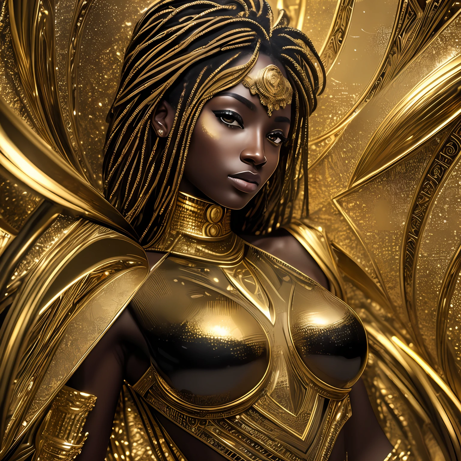 (masterpiece) An insanely detailed photo of an extremely beautiful and sensual black woman made out of gold, skin made out of liquid gold, with golden eyes, in the style of bio art, raw metallicity, black and white mastery, golden African influence, pure color, close-up, woman, stock photo, masterpiece, best quality, high quality, extremely detailed cg unity wallpaper 8k, scenery, award winning photography, hdr, trending artstation, trending cgsociety, intricate, high detail, cinematic lighting, beautiful woman, humanoid --auto --s2