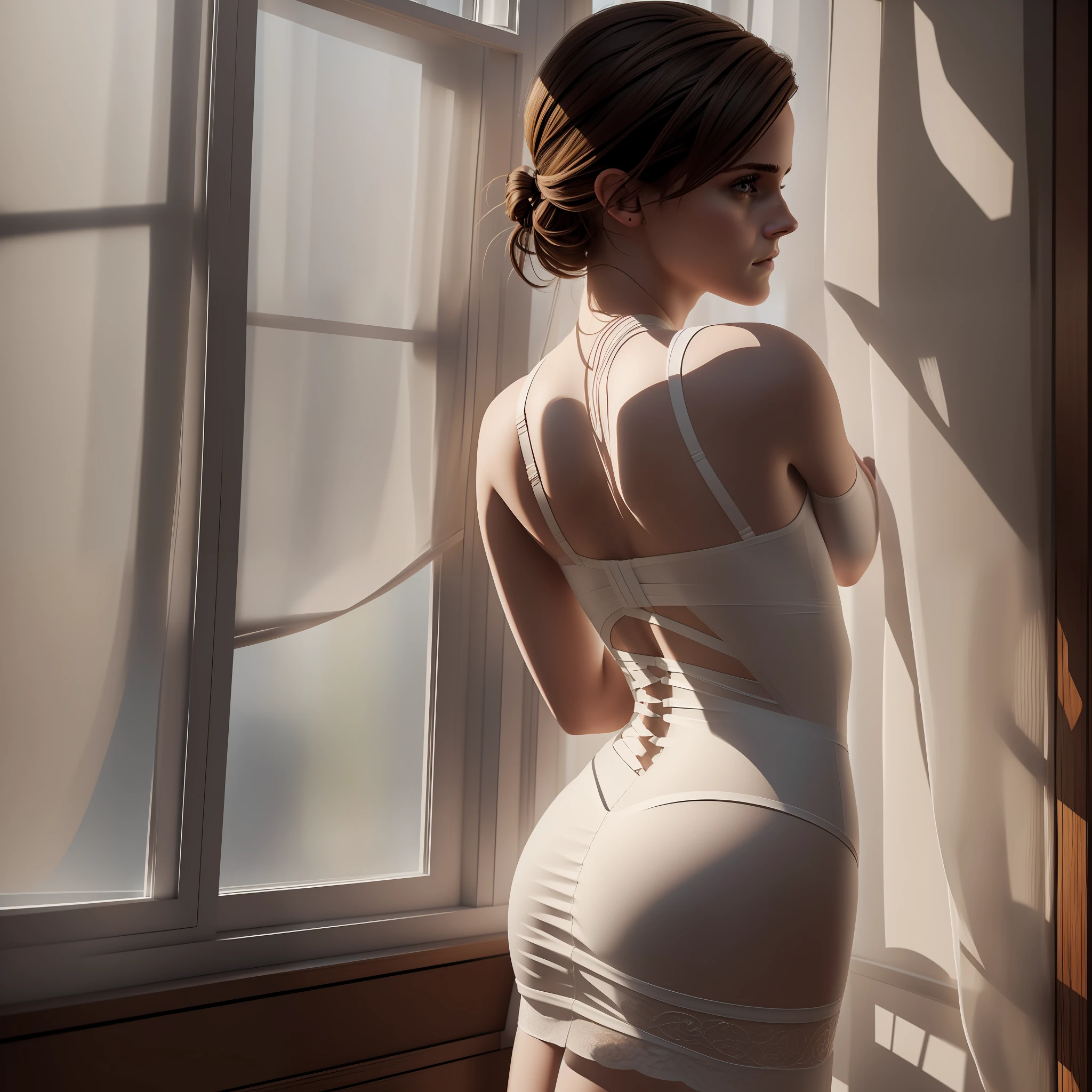 (Emma watson), in front of a window, the woman stands wide-legged with her back to the camera and looks out of the window. From outside, the sun shines into the dark room. The woman wears a bra and panty, over which a see-through dress, The slender body and her small round butt stands out clearly in front of the bright window, (Masterpiece:1.2) (photorealistic:1.2) (best quality) (intricate details) (8K) (High Poly) (Raytracing), (Sharp Focus)