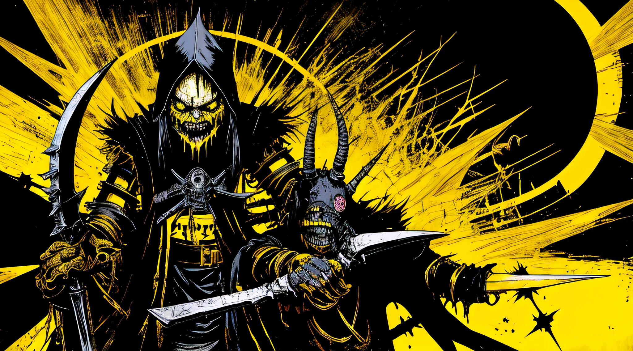 yellow and black, medieval deformed goblins, with sharp claws, in the style of Mork Borg, strong contrast, grunge dirty punk splash art, black metal zine