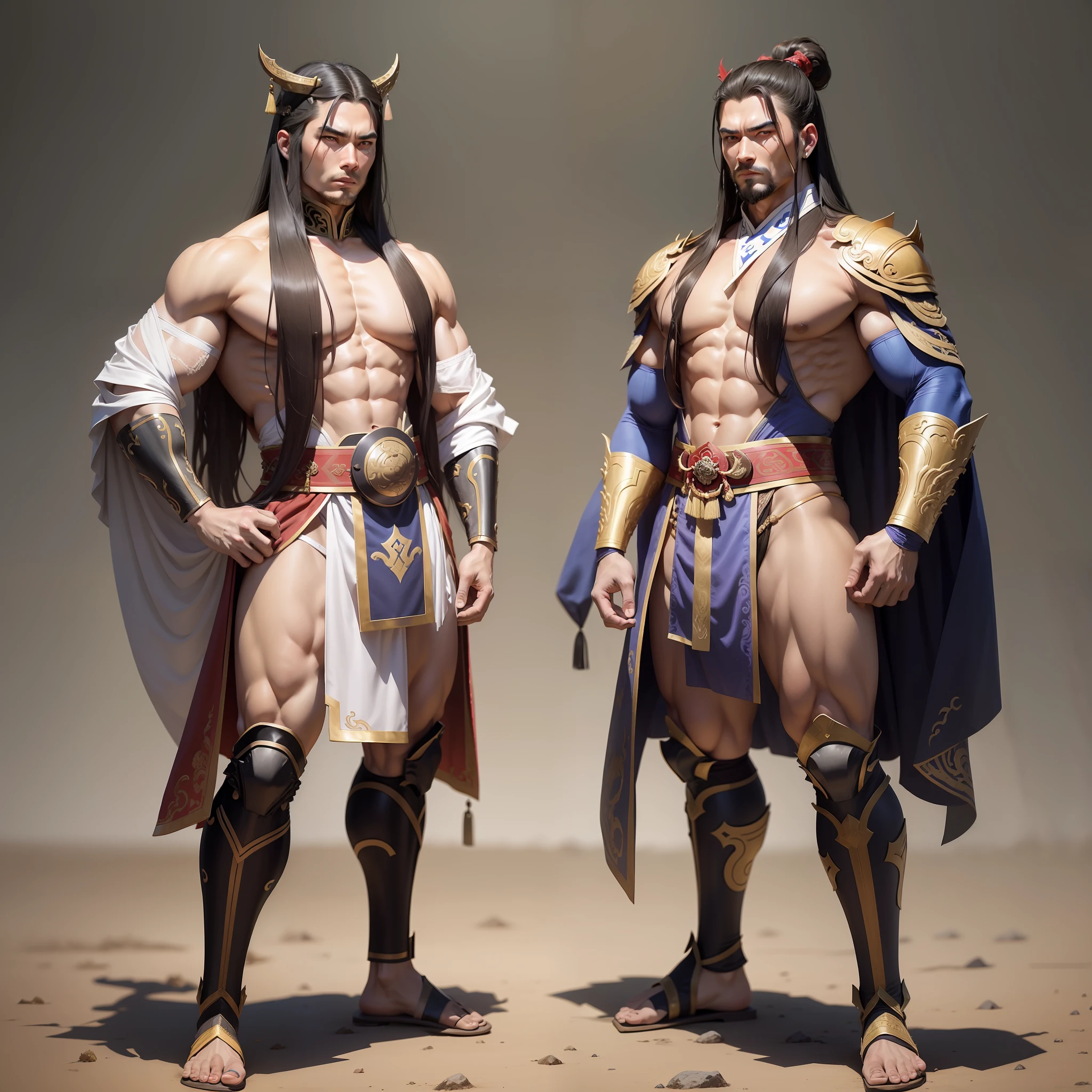 2 male concubines of the emperor of the Han dynasty, both standing beside each other both aged 30 muscular guys ,wearing ancient revealing Chinese dress with tight thongs showing off huge bulge with long silky hair and masculine features with a serious face looking at the ground.sexy men,Battle scars, bowing to the camera with the emperor behind the camera out of sight, men