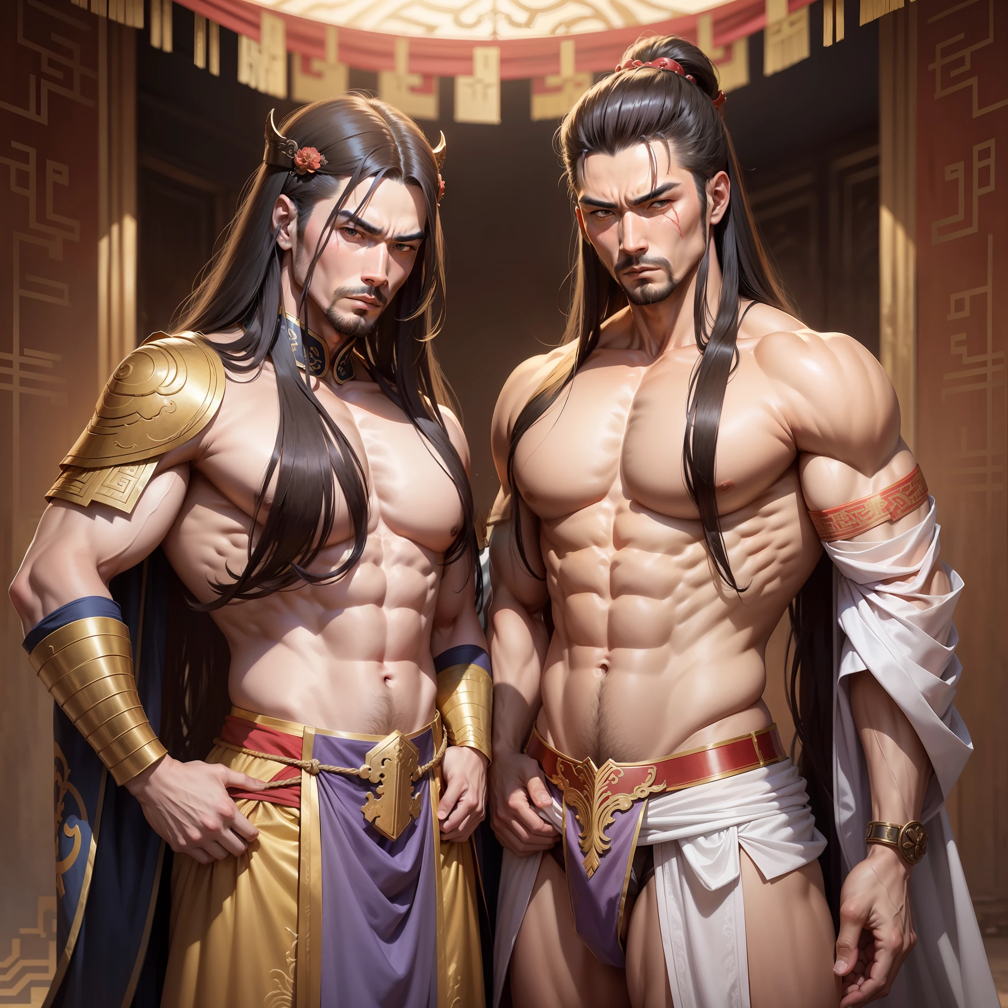 2 male concubines of the emperor of the Han dynasty, both standing beside each other both aged 30 muscular guys ,wearing ancient revealing Chinese dress with tight thongs showing off huge bulge with long silky hair and masculine features with a serious face looking at the ground.sexy men,Battle scars, bowing to the camera with the emperor behind the camera out of sight, men