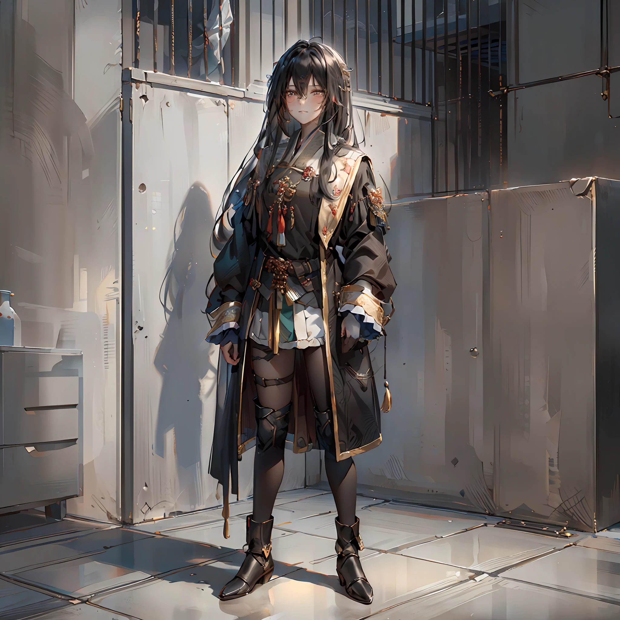 (masterpiece, best quality, high quality), man, ((unimpressed)), standing, high quality retracted, black hair, (long hair, shaggy hair), dark eyes, flowing hair, slight smile on face --auto --s2