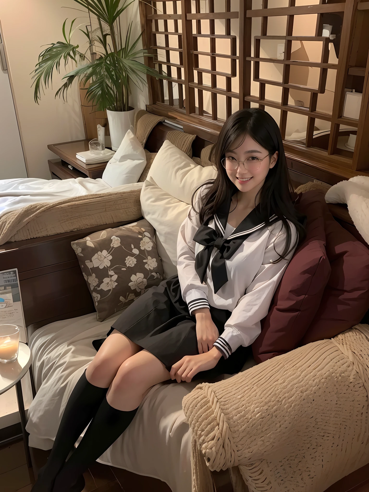 (Photorealistic: 1.4), Masterpiece, Ultra High Resolution, RAW Photo, Best Quality, (Smile with Teeth: 4.0), (Big Smile: 2.5), (White Teeth: 2.0), (Sexy: 1.4), Raw Photo, 1 Beautiful Wife of Japan, White Skin, (Cute: 2.0), (Eyes Downed: 2.0), (Large, Round Eyes: 2.0), (Moisturized Eyes: 2.0), ( Upper eye at the camera: 3.0), (eyebrows lowered into a figure eight: 2.0), blush, slender, brown and black short hair, sailor suit, glasses, love hotel room,