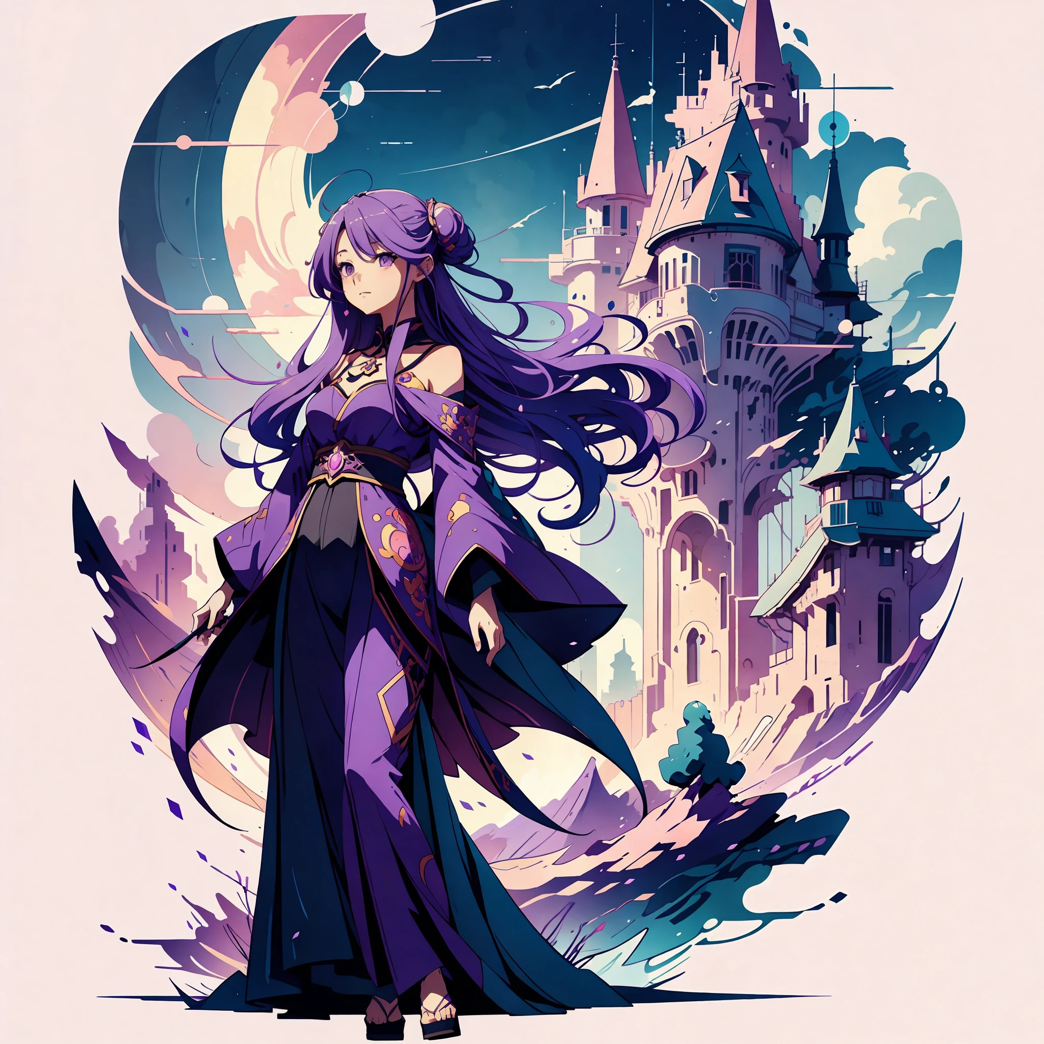 flat ilustration anime girl with long purple hair wearing a purple dress and a tiable, an anime drawing by Kamagurka, pixiv, fantasy art, detailed digital anime art, anime style 4 k, detailed anime art, anime goddess, beautiful anime art style, anime princess, anime moe artstyle, 8k high quality detailed art, detailed anime artwork, anime illustration