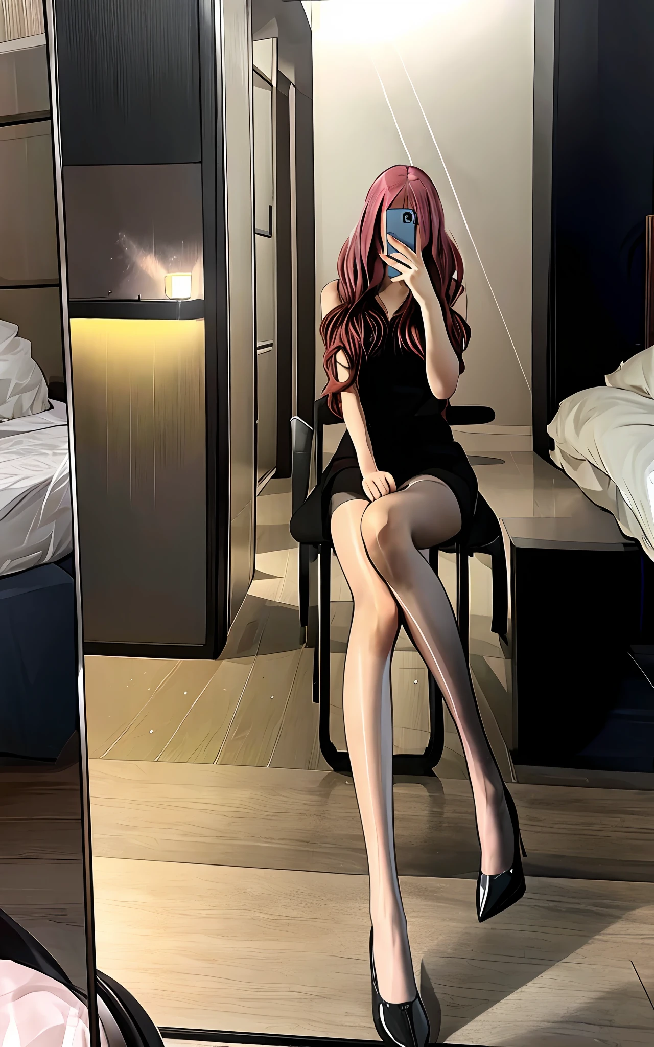 A girl, dynamic pose, erotic face, shirt, pink hair, long curls, full body, lying in bed, cross-legged, black stockings, dressed (RAW photo, best quality), (realistic, photorealistic :1.4),
Masterpiece, extremely delicate beauty, amazing, fine details, extremely detailed CG Unity 8k wallpaper, huge file size, super detailed, high resolution, absurd, soft light, edge light, vibrant details,
((Perfect Hand: 1.2)),
Take a selfie with a mobile phone in one hand and cover your face,
1 girl, full body,
[standing|chair|sitting|butterfly sitting],
[stockings|pantyhose],
iphone, selfie, pose, little hands,
p_m_s，