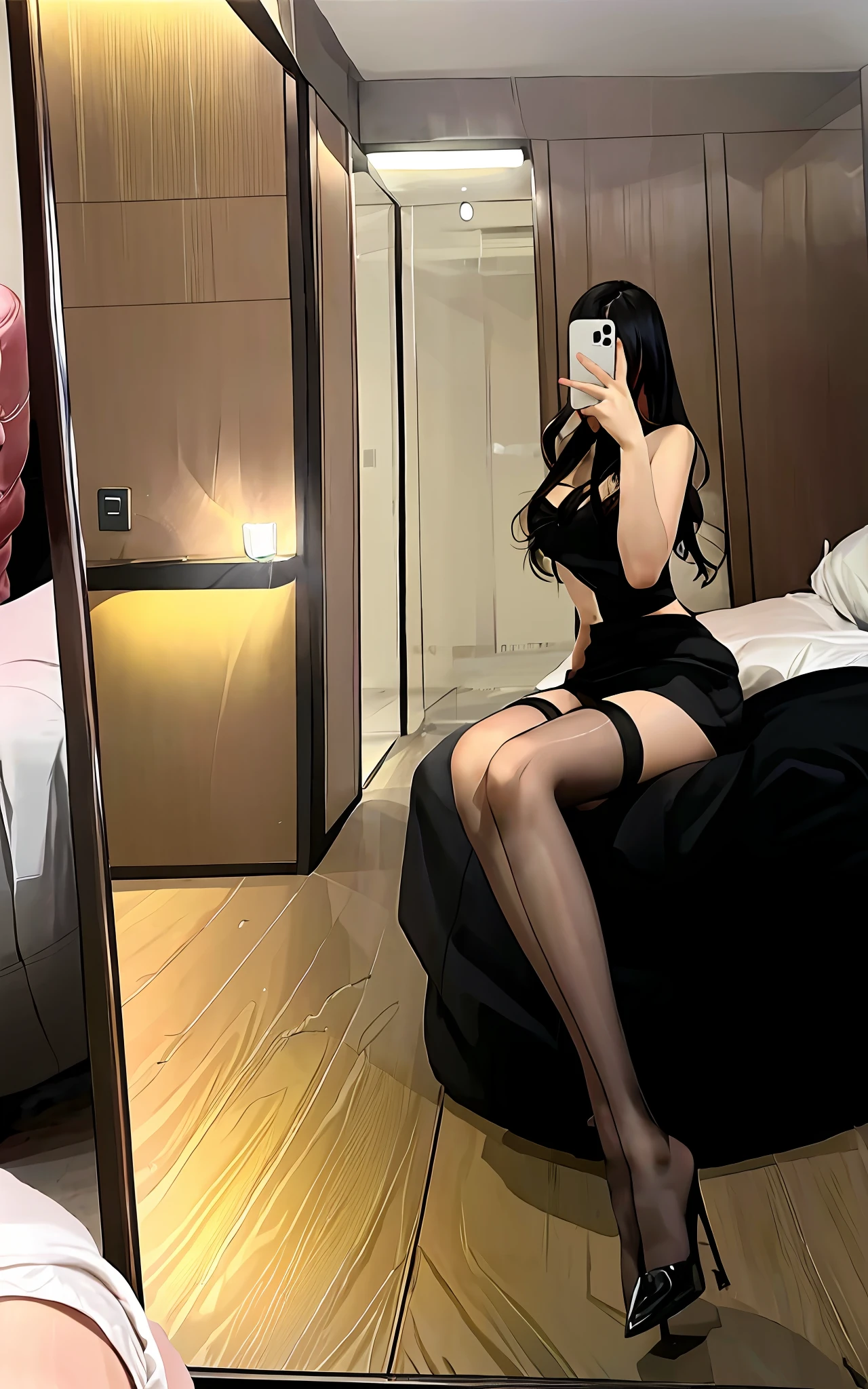 A girl, dynamic pose, erotic face, shirt, pink hair, long curls, full body, lying in bed, cross-legged, black stockings, dressed (RAW photo, best quality), (realistic, photorealistic :1.4),
Masterpiece, extremely delicate beauty, amazing, fine details, extremely detailed CG Unity 8k wallpaper, huge file size, super detailed, high resolution, absurd, soft light, edge light, vibrant details,
((Perfect Hand: 1.2)),
Take a selfie with a mobile phone in one hand and cover your face,
1 girl, full body,
[standing|chair|sitting|butterfly sitting],
[stockings|pantyhose],
iphone, selfie, pose, little hands,
p_m_s，