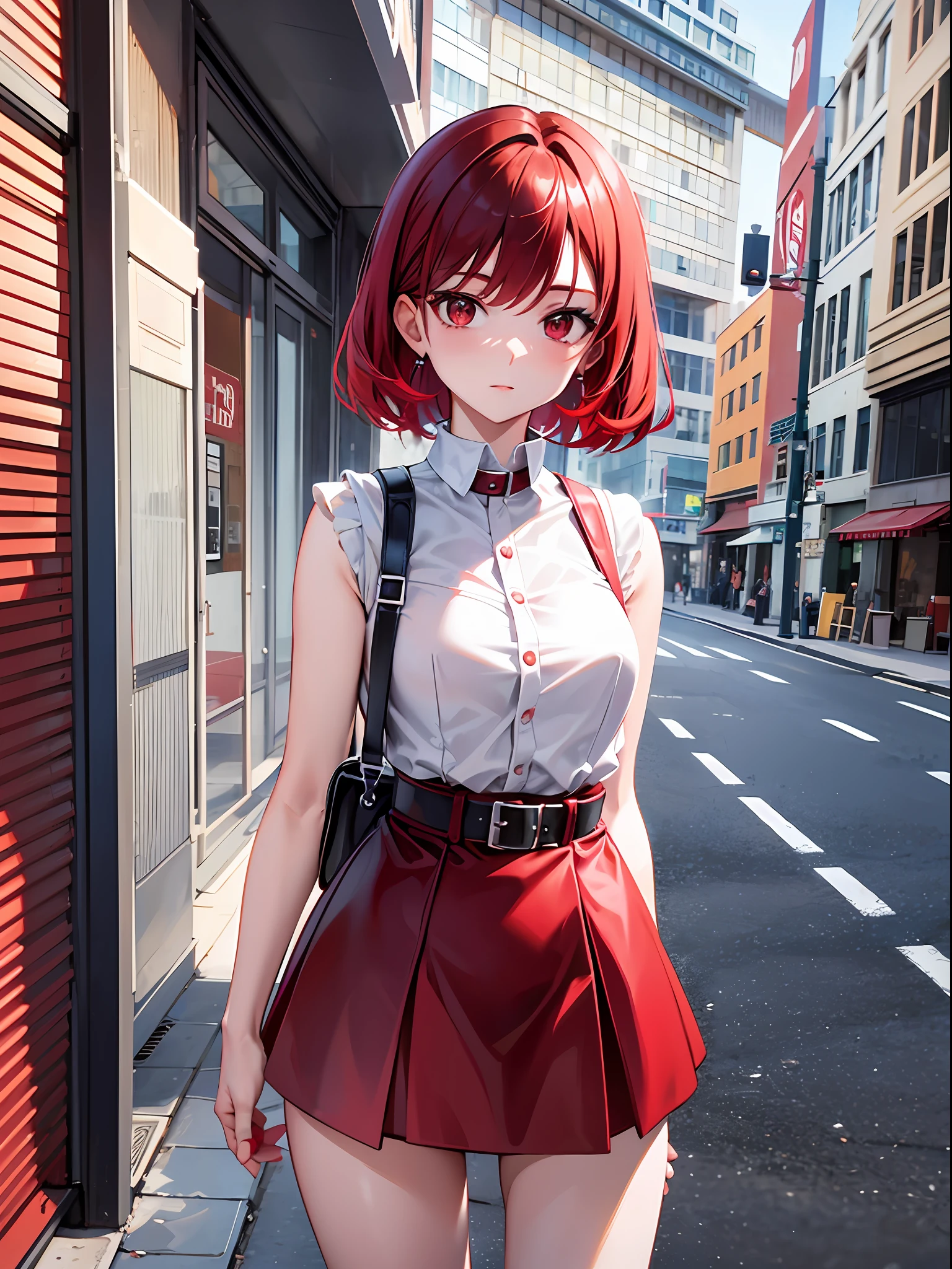 Red bob hair, red one-piece miniskirt, white clothes from chest to collar, black waist belt, white socks, red shoes, outdoors