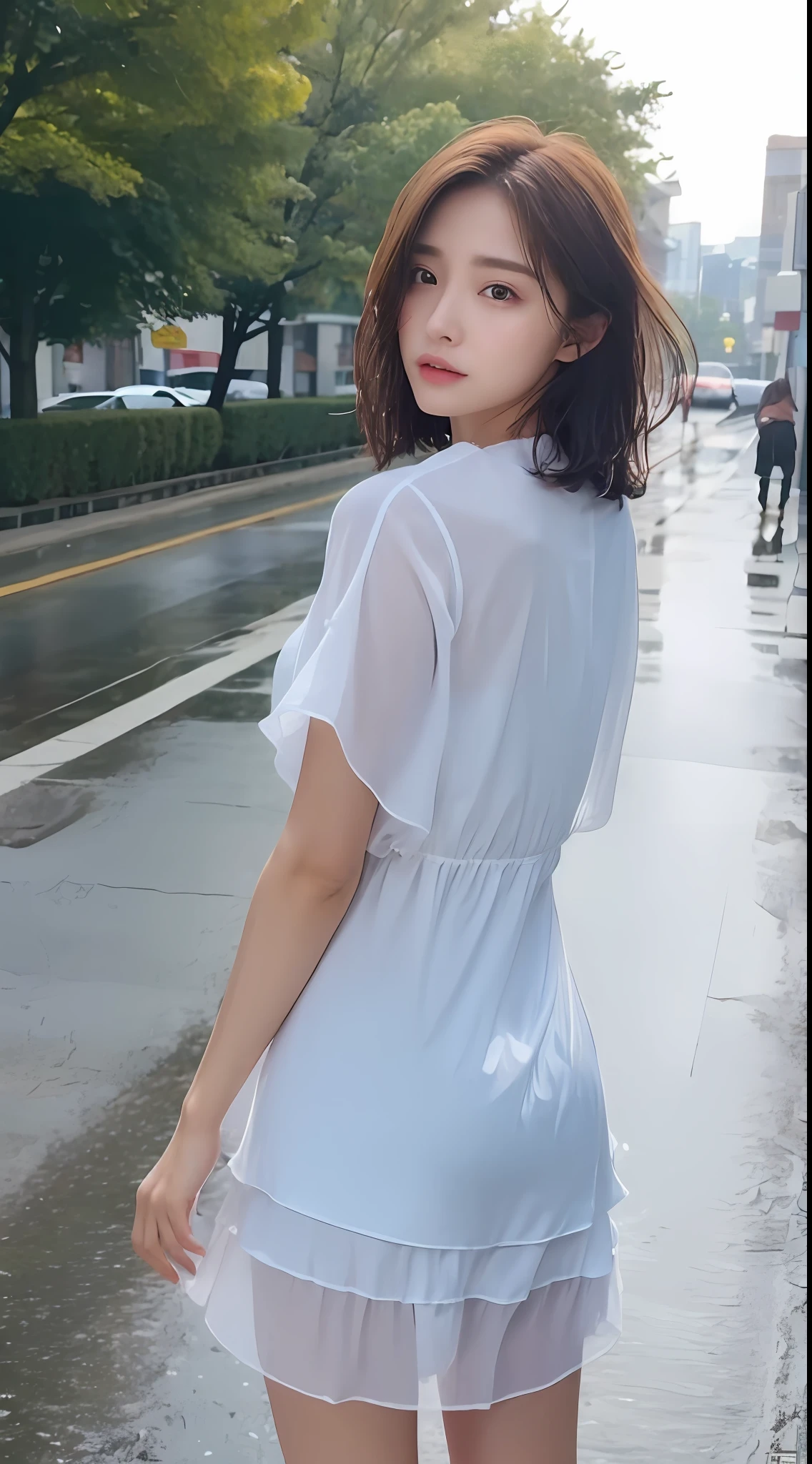 ((Top Quality, 8K, Masterpiece: 1.3)), Focus: 1.2, Perfect Body Beauty: 1.4, Ass: 1.2, ((Layered Haircut, Breasts: 1.2)), (Wet Clothes: 1.1), (Rain, Street: 1.3), Bando Dress: 1.1, Highly Detailed Face and Skin Texture, Narrow Eyes, Double Eyelids, Whitening Skin, Long Hair, (Shut Up: 1.3), Back