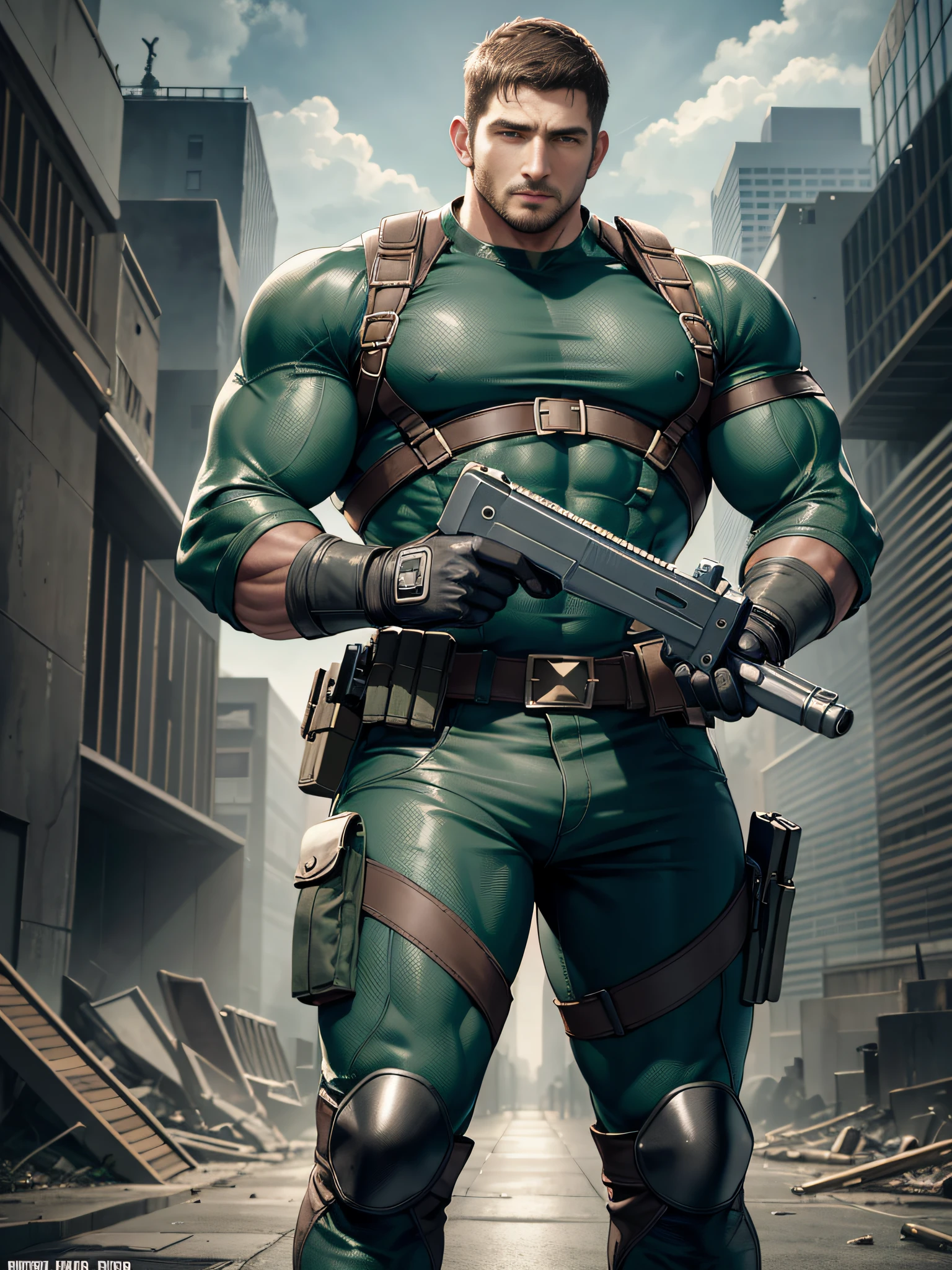 Movie poster, character design (Resident Evil - Chris Redfield, Chris Redfield) wearing a black combat suit, standing alone in the ruins of the apocalypse, with a sad expression, muscle male hero, heroic male pose, tall and burly, muscular! Emerald eyes, deep and charming eyes, tall and burly, black combat suit, super buff and cool, high resolution committee, black military boots, attractive strong male, moonlight on the body, loneliness