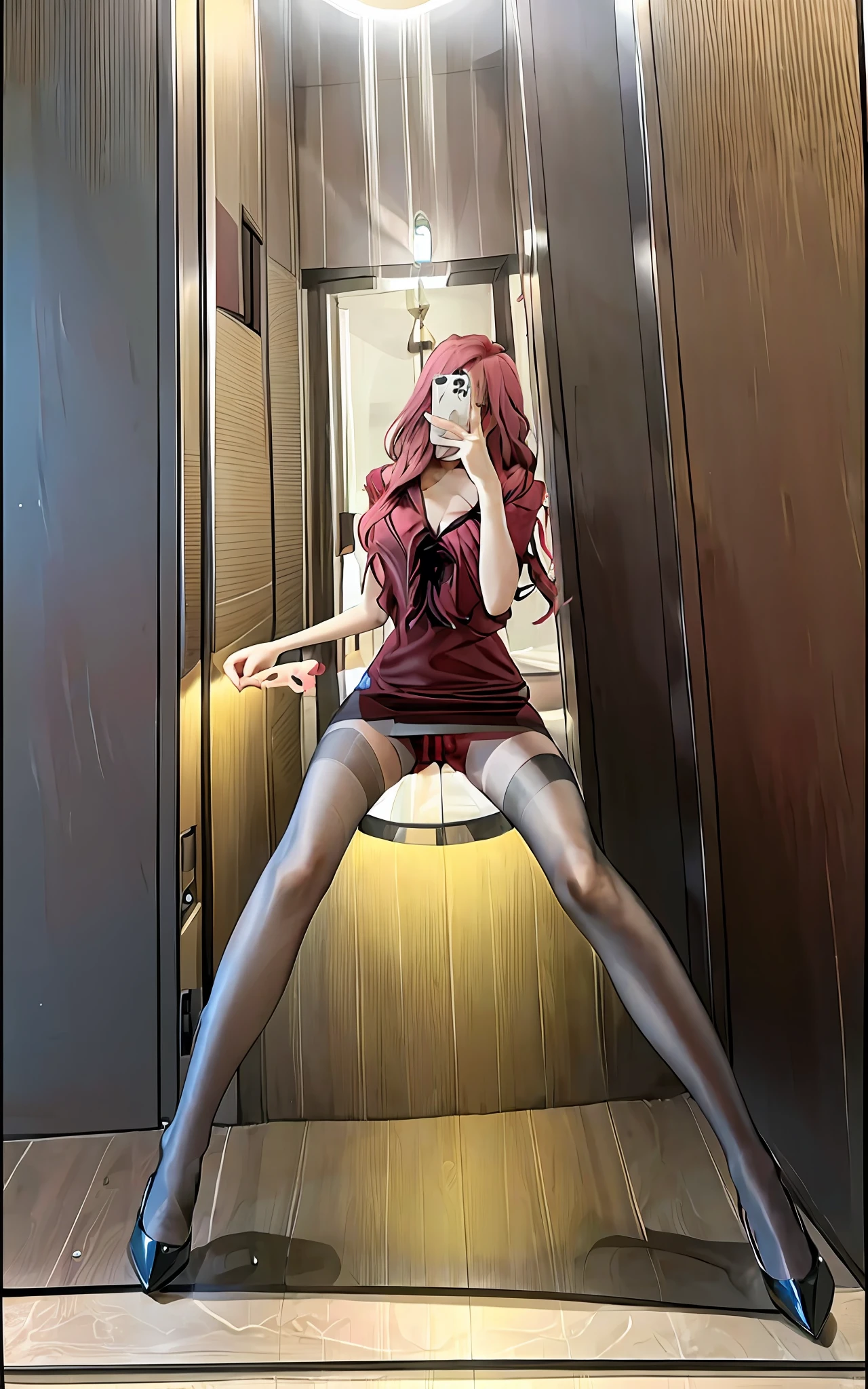 (RAW Photo, Best Quality) ((Top Quality, 8k, Masterpiece: 1.3)) A girl, dynamic pose, erotic face, shirt, pink hair, long curly hair, full body, lying in bed, cross-legged, black stockings, dressed, vibrant details