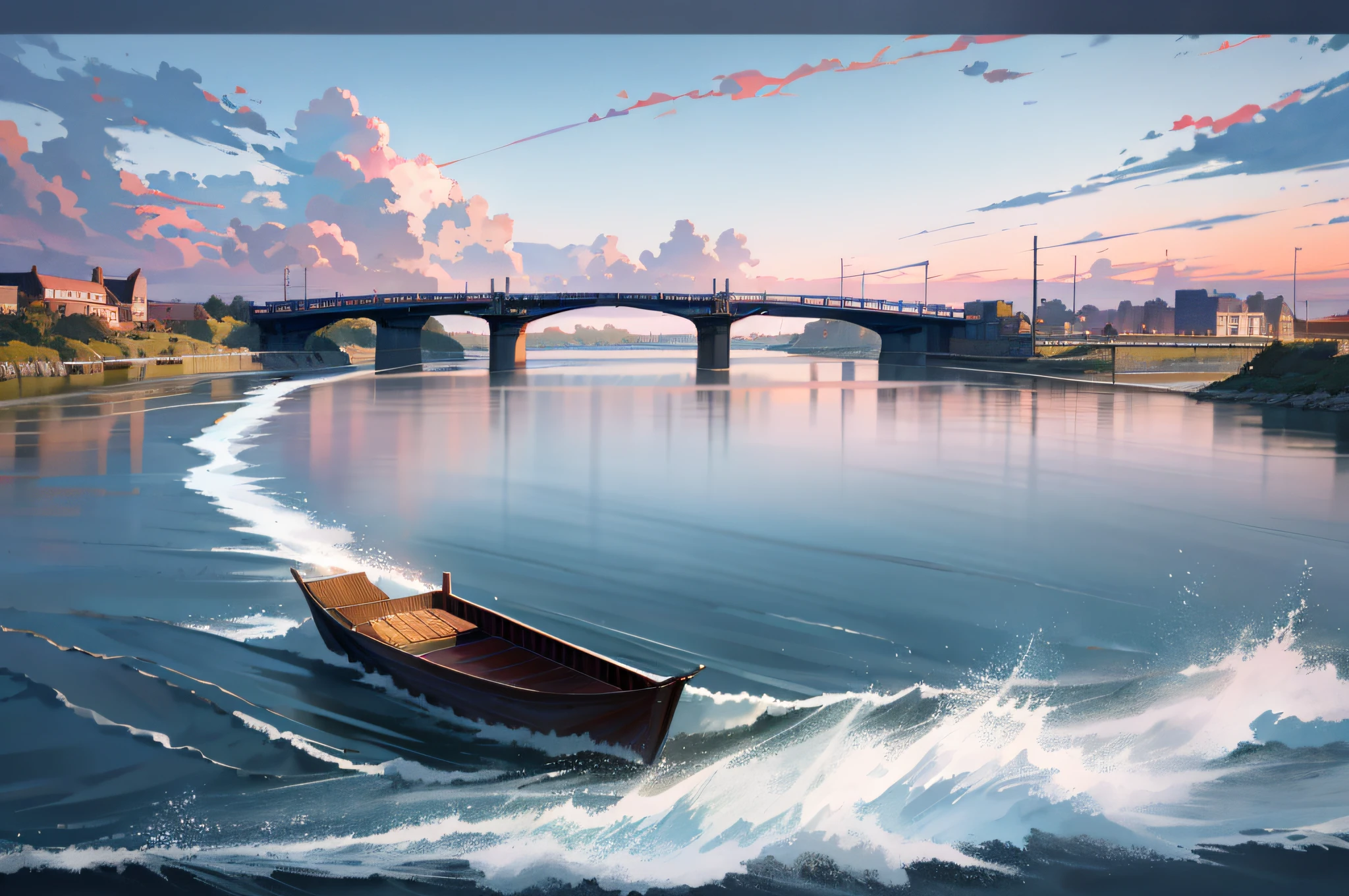 arafed boat traveling down a river with a bridge in the background, photo taken with provia, scenic full shot, hull, high quality photo, by Hugo van der Goes, hi-res photo, 3945074687, crossing the river, surrounding the city, by Jacob Toorenvliet, photo shot