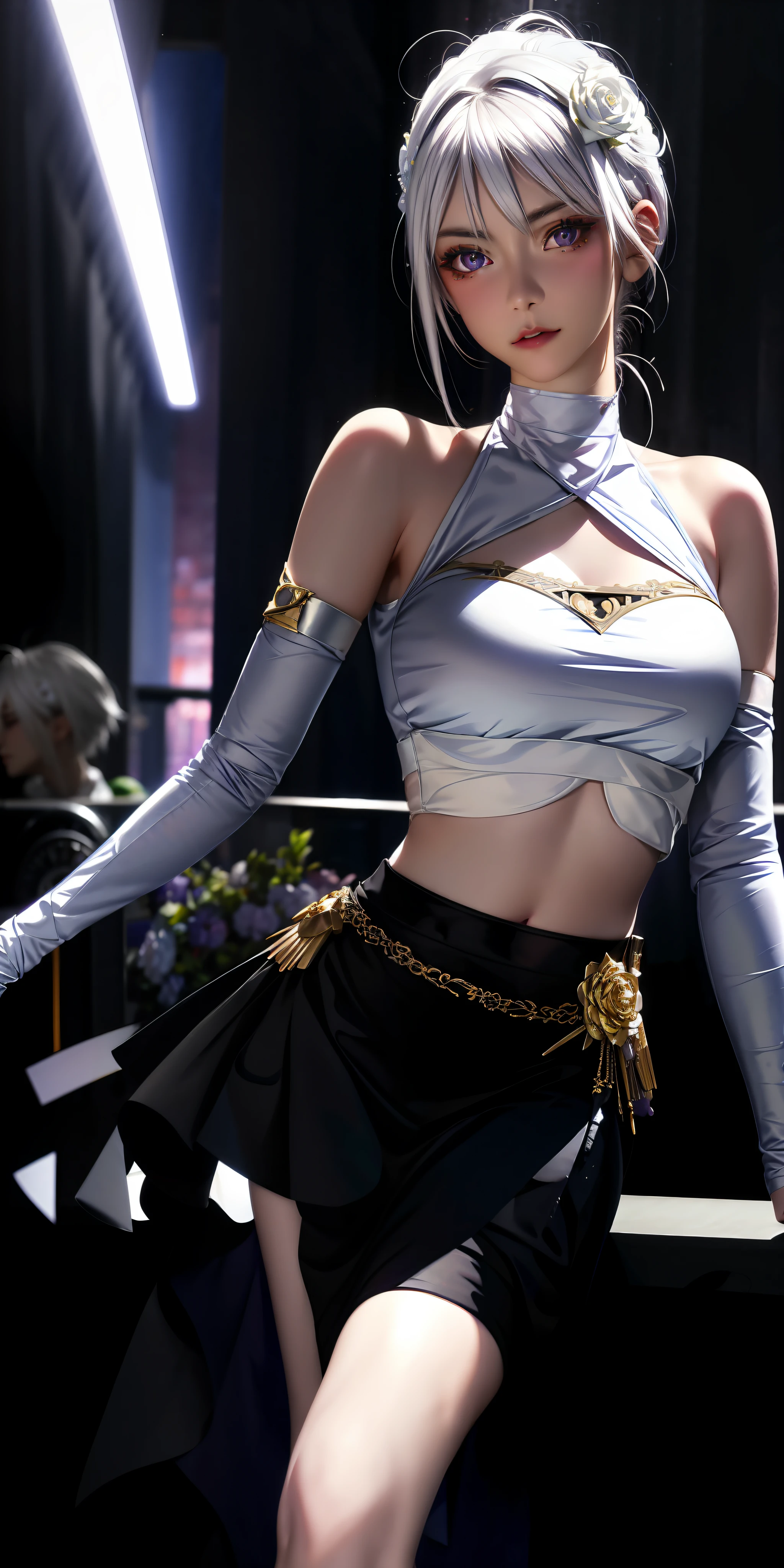 realistic, 1girl, white hair, purple eyes, glowing eyes, crop top, skirt, parted lips, blush, night, flowers, sun, sunlight,