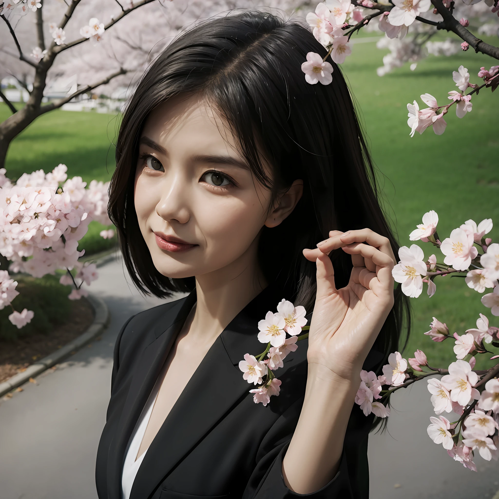 A girl in a black suit, under a cherry blossom tree
