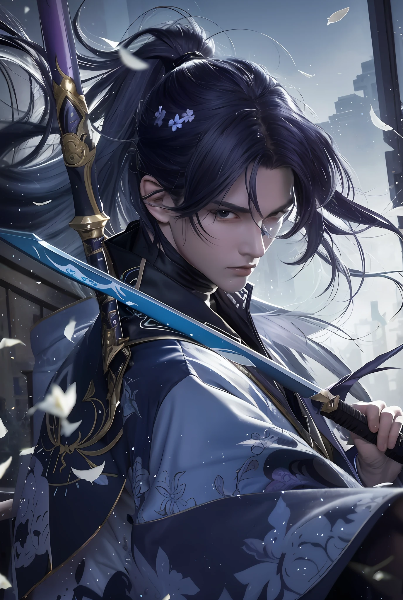 Blue-purple style, scabbard on back, messy hair, broken hair, long hair, chivalry, very beautiful cyberpunk digital artwork, male focus, handsome, heroic and sassy, beautiful man, wearing a blue and white kimono, holding a long sword on the shoulder, chivalry style, high-quality detail depiction, blurred background and soft light set off, middle side shooting, middle side perspective, pattern decorations and accessories, broken flowers and flying flowers, dense fog surrounding, light and shadow change extremely exquisite. Anime style 4k wallpaper.