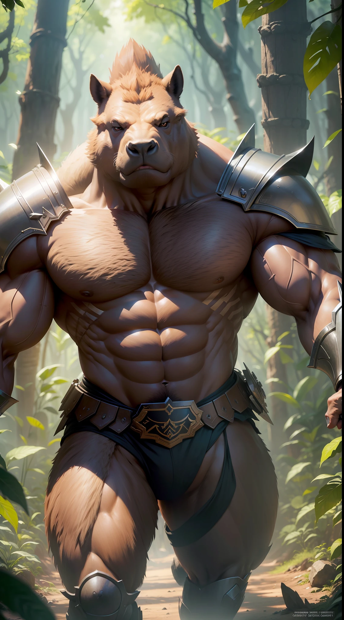 (extremely detailed CG unity 8k wallpaper, masterpiece, best quality, ultra-detailed), best lighting, best shadow (a very strong, giant, muscular humanoid capybara wearing battle armor), fierce expression, sharp claws, Amazon forest, volumetric lighting.