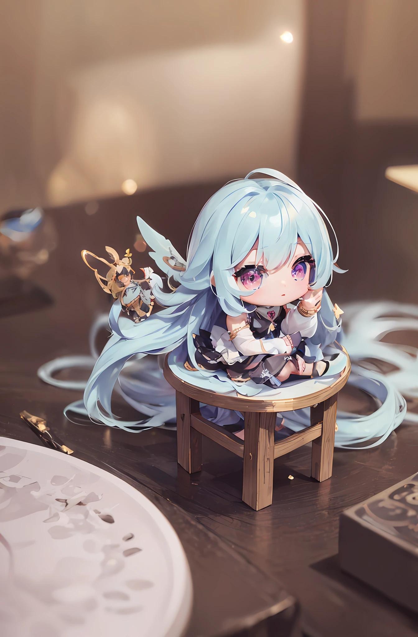 One anime angel doll on the table, 8K high quality detail art, white long hair, gradient, style as Nendoroid, stylized anime, anime style 4K, cute detailed digital art, Guweiz style artwork, 8K octar rendering photos, advanced digital chibi art, cute 3D rendering, anime style. 8k