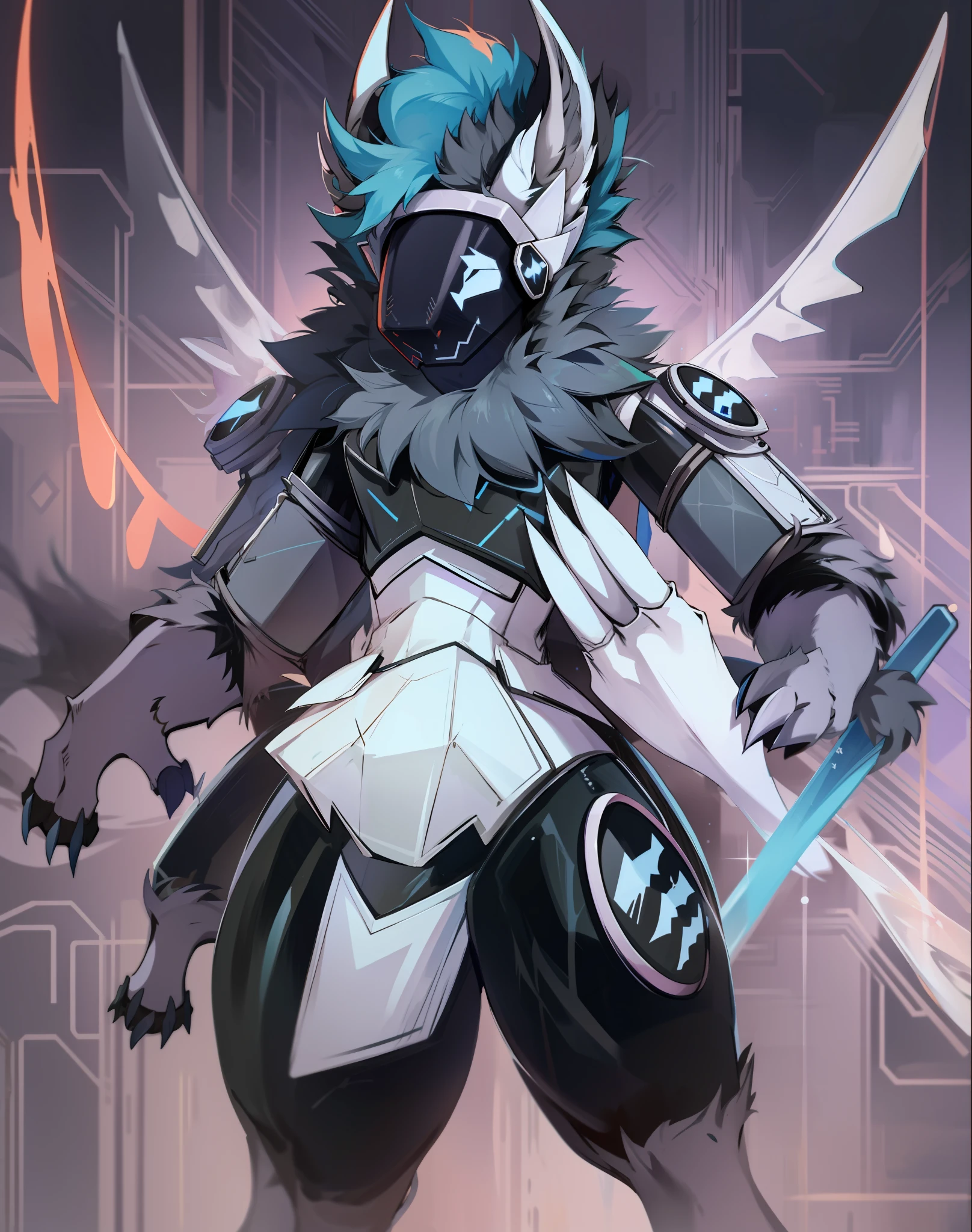 Protogen profile picture very fluffy, dragon, horned, gray-black, standing painting, with wings, claws, science fiction