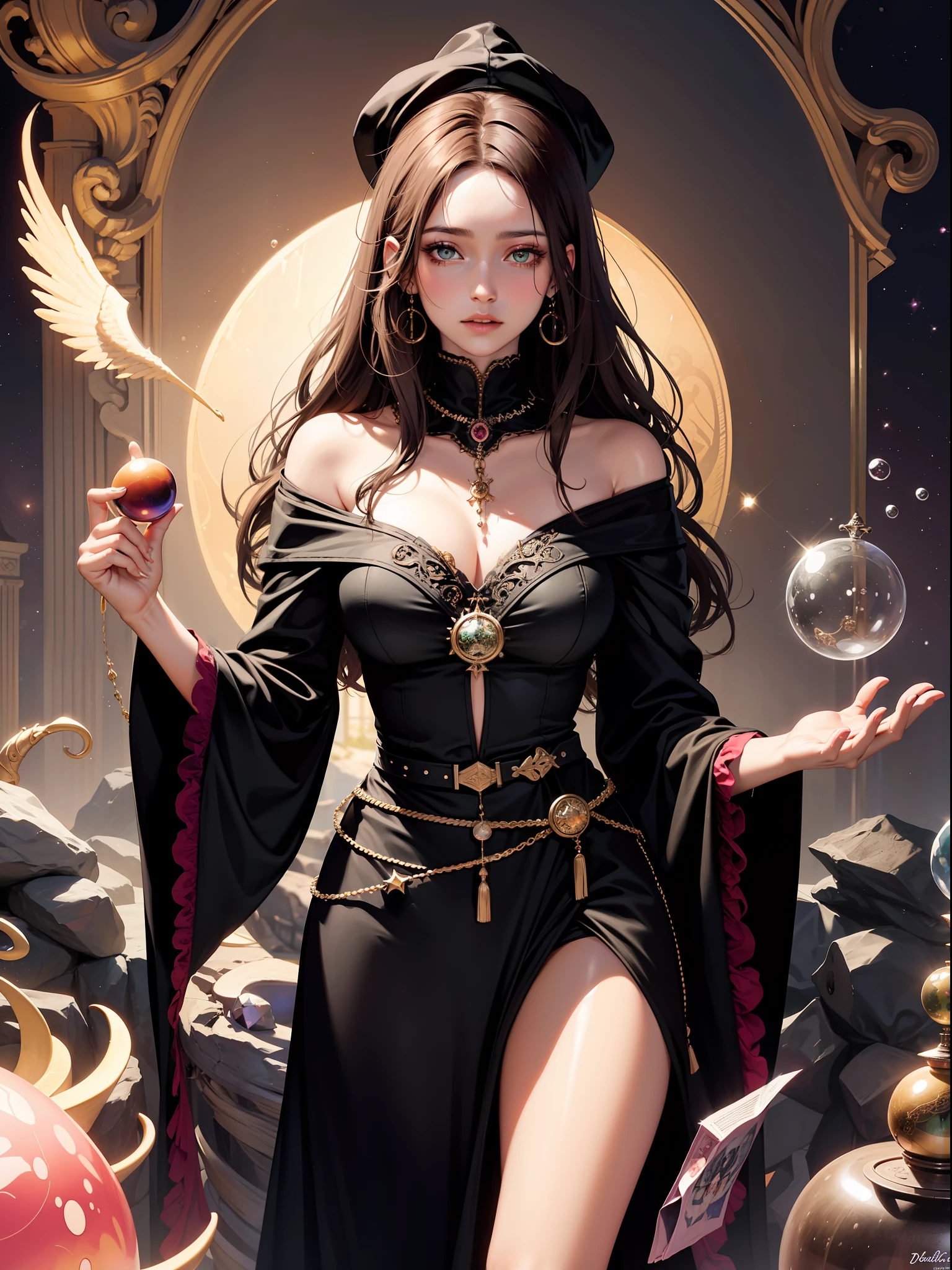 Light-skinned witch, brown eyes, long curled brown hair, with a black dress, reading tarot cards, with a crystal ball, a bubbling black iron cauldron letting out pink and green smoke, potions and fruits,masterpiece, best quality, high quality, high definition, high quality texture, high quality eyeshadow, , wide hips, flat and slim belly,  a perfect face, four fingers and a thumb