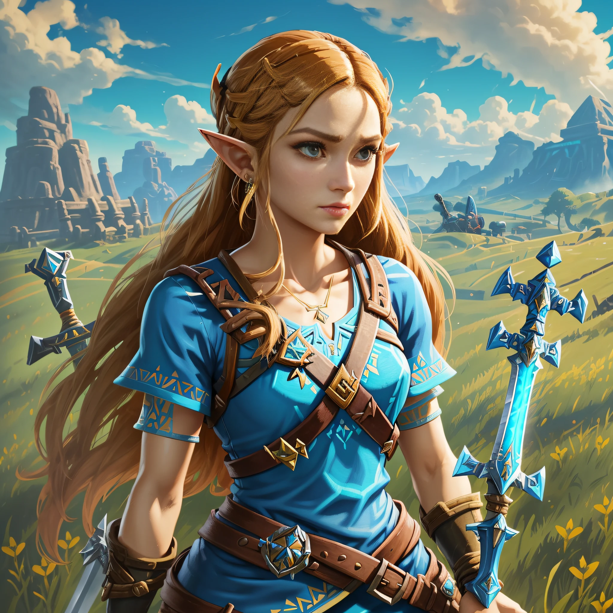a close up of a person holding a sword in a field, zelda botw, botw, botw style, zelda breath of the wild, breath of the wild, zelda with triforce, breath of the wild style, breath of the wild screenshot, princess zelda, holding a sword on her shoulder, she is holding a sword, zelda, portrait of zelda --auto --s2