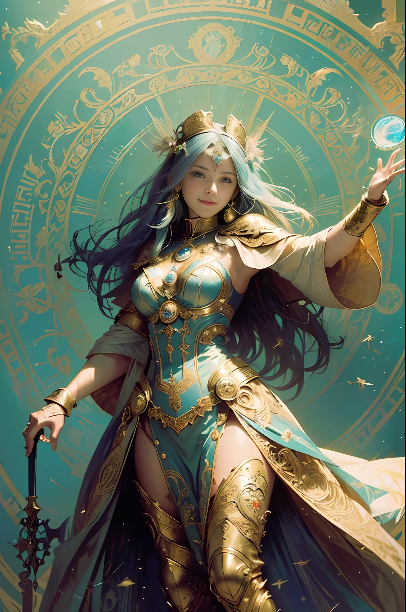(((concept art, highest image quality, highest quality, masterpiece, super beautiful))), detailed textured skin, real photo, 18-year-old woman, mage with a wand, aristocratic costume, reality, Alphonse Mucha, Bauhaus, divine, feathers are dancing, magic circle, mandala, full body, smile