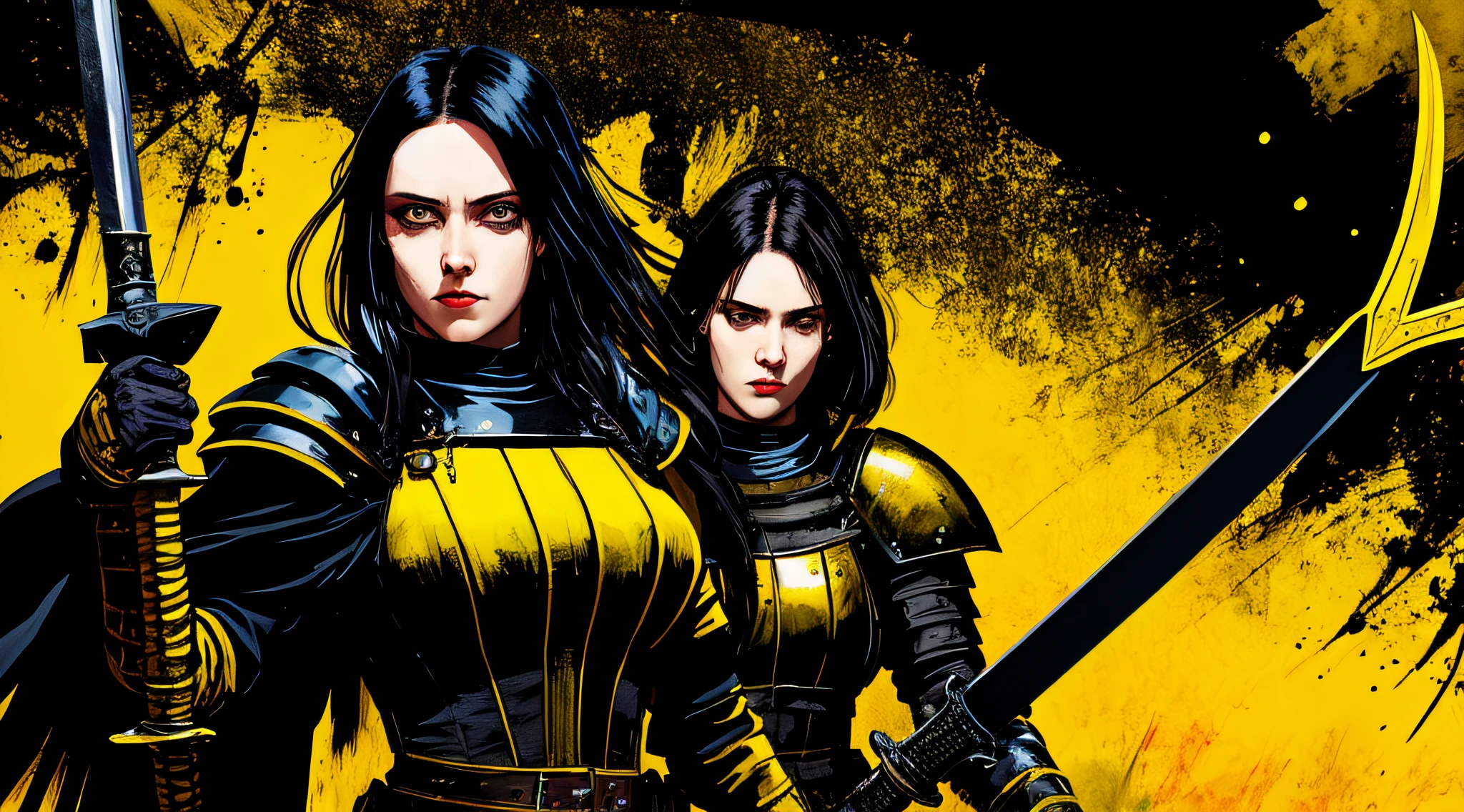 yellow and black, a female medieval knight, with a sword, in the style of Mork Borg, strong contrast, grunge dirty punk splash art, black metal zine