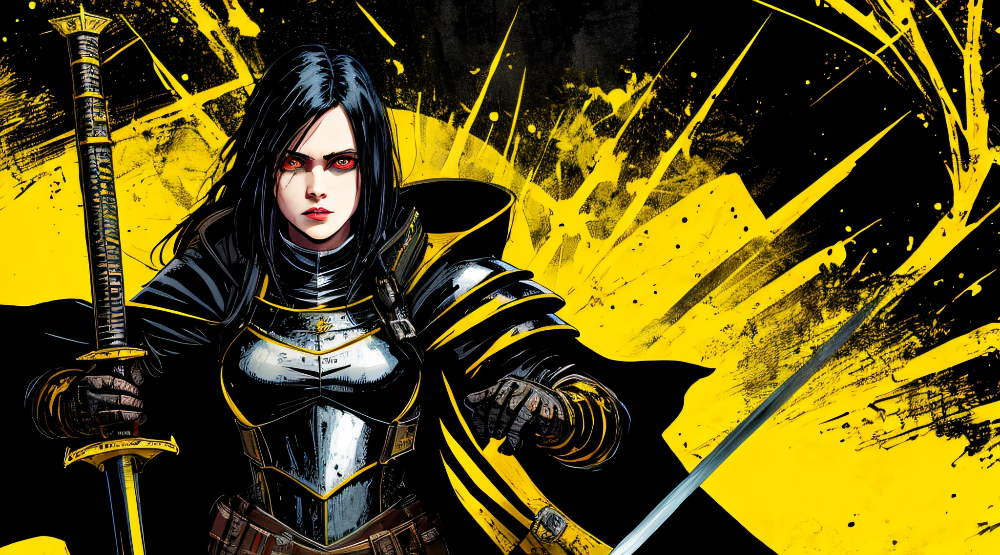 yellow and black, a female medieval knight, with a sword, in the style of Mork Borg, strong contrast, grunge dirty punk splash art, black metal zine
