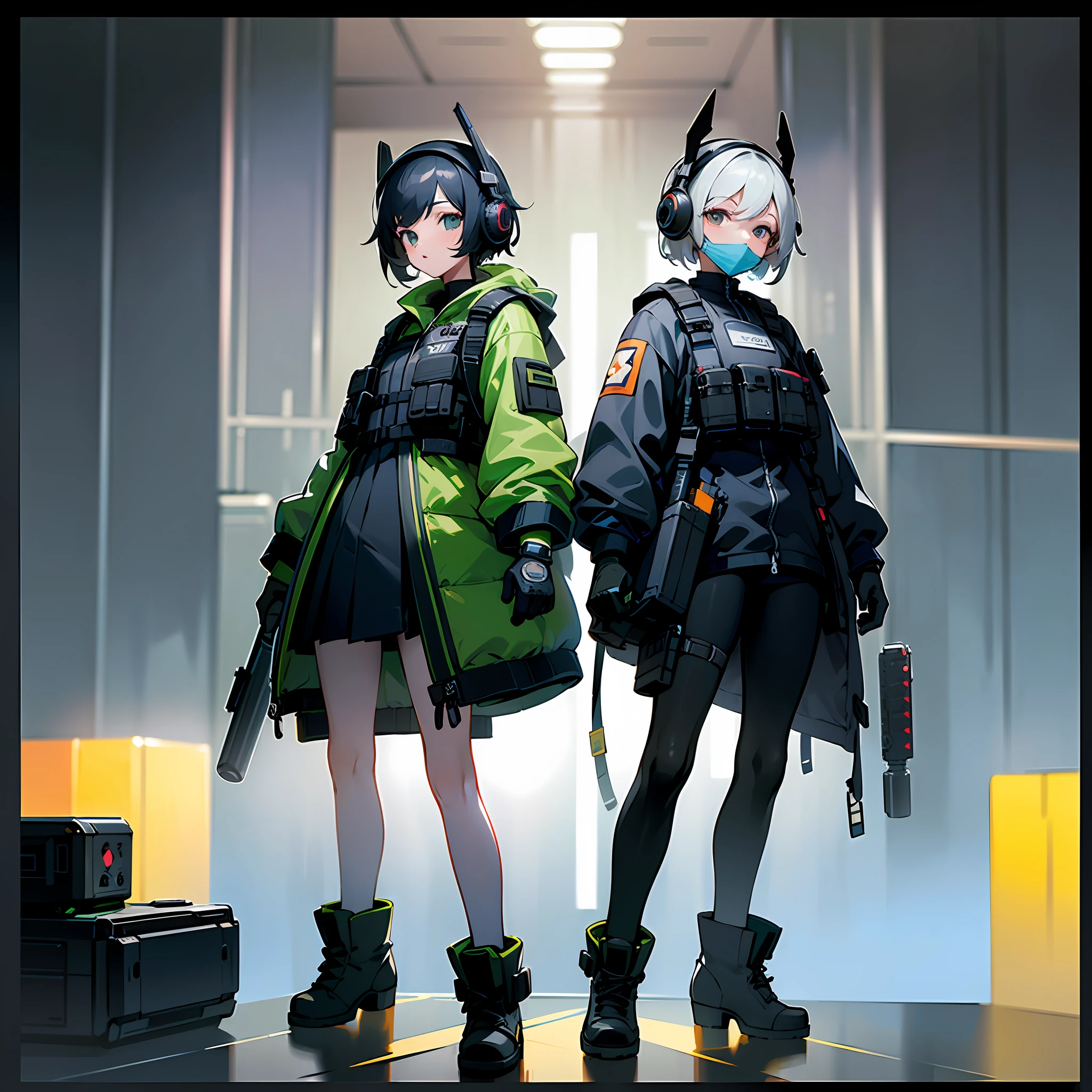 ((high quality)), ((masterpiece)), 8k, 2girls, bulletproof vest, light rays, extremely detailed CG unity 8k wallpaper, game cg, looking at viewer, gloves, boots, full body, watch, computer, mask, drone, holding weapon, headphones,