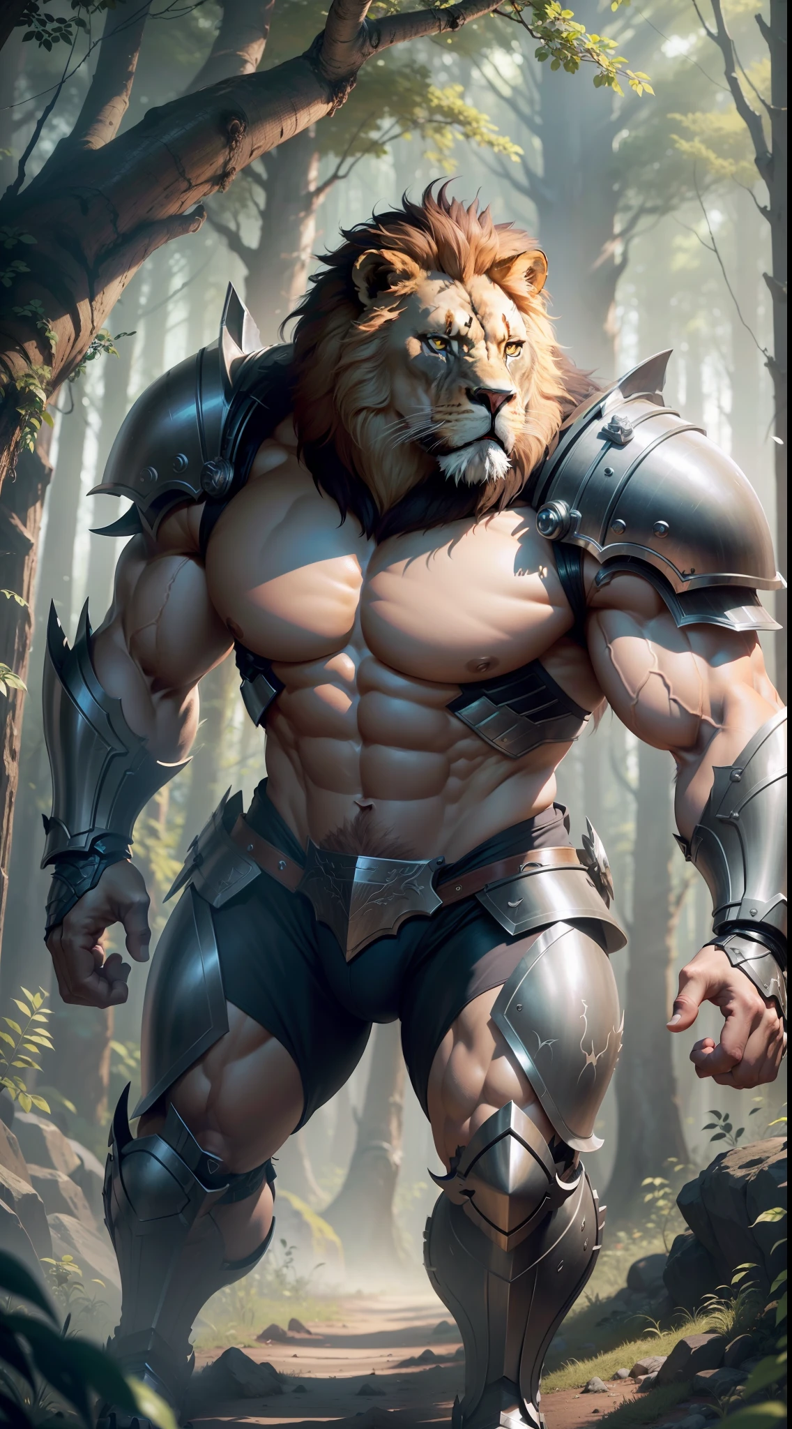 (extremely detailed CG unity 8k wallpaper, masterpiece, best quality, ultra-detailed), best lighting, best shadow (a very strong, giant, muscular humanoid lion wearing battle armor), fierce expression, sharp claws, wild nature, a dense forest, volumetric lighting.