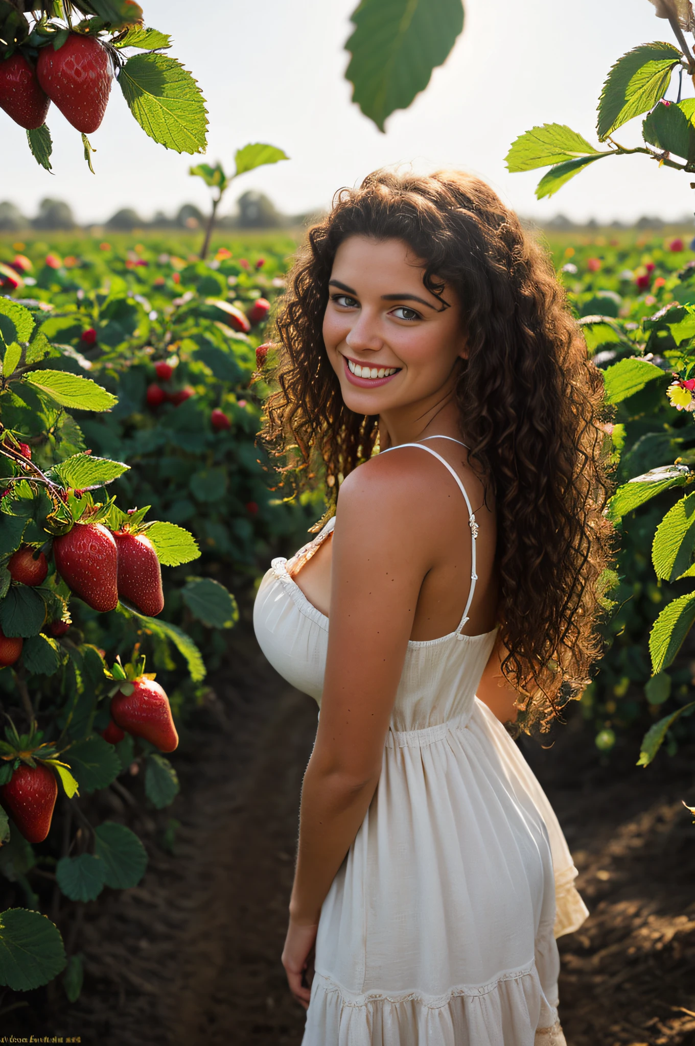 ((hyperrealistic, photorealistic, 8k, intricate details)) 1 attractive brunette woman (hot), beautiful peasant, 20 years old, fleshy lips, large breasts, face with small freckles, silky skin, blue eyes (sparkle in the eye), curly hair, a light dress, is sweaty standing in front of a strawberry plantation during the day (sunny morning), next to a strawberry plantation and smiles (showing teeth),   masterpiece, best quality, ultra detailed, solo, outdoor (warm hue, warm tone): 1.2), close-up, cinematic light, soft side lighting, ultra high resolution, best shade, RAW, upper body, harvesting.