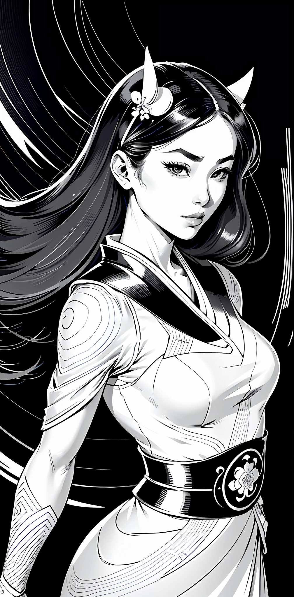 (comic style), (line art:1.5), (1girl:1.3), ((black and white)), hanfu, geisha, ((zen)), (masterpiece, top quality, best quality), extreme detailed background, good composition, good anatomy, perfect lighting, good shading, zen calligraphy, (realistic:1.3),