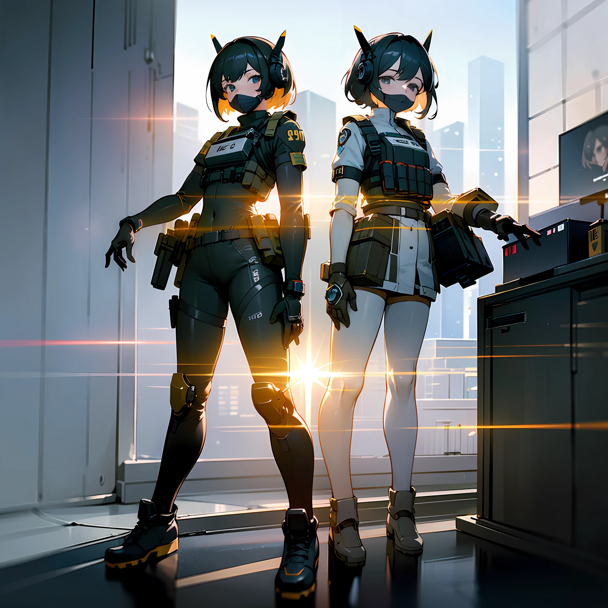 ((high quality)), ((masterpiece)), 8k, 2girls, bulletproof vest, light rays, extremely detailed CG unity 8k wallpaper, game cg, looking at viewer, gloves, boots, full body, watch, computer, mask, drone, mechanical arms,