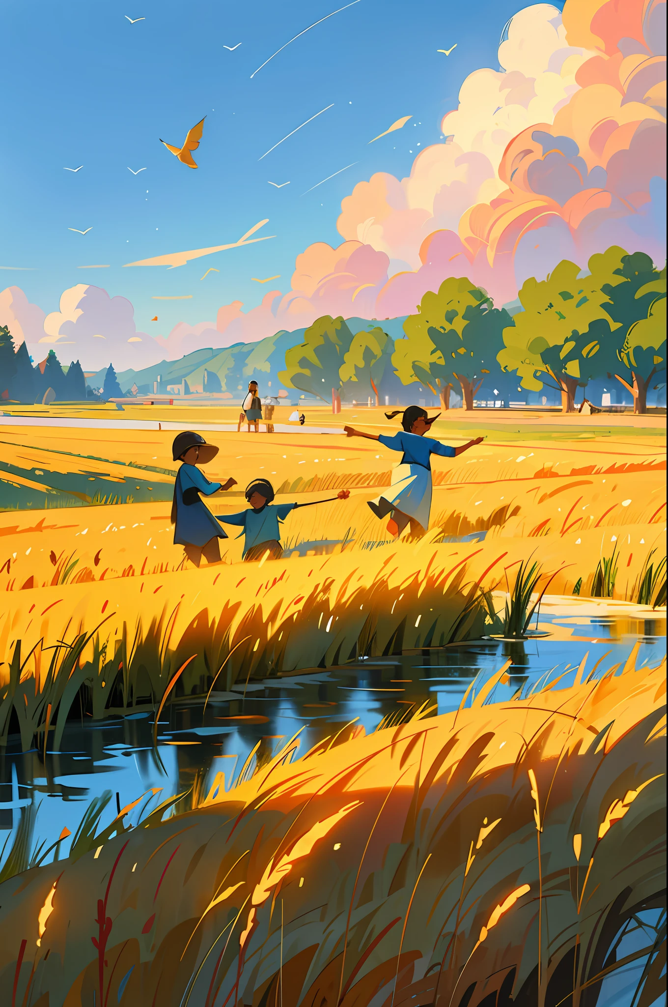 By the lake, a group of children are playing happily and splashing water. A lush forest surrounds a tranquil lake with sparkling water reflecting the blue sky and white clouds. Families picnicking in the shade and enjoying the summer. In the distance, the golden wheat fields sway with the wind, like a golden ocean. Farmers are harvesting crops and celebrating the harvest season. On the other side of the field, some young people are flying kites, and the colorful kites are dancing in the blue sky.