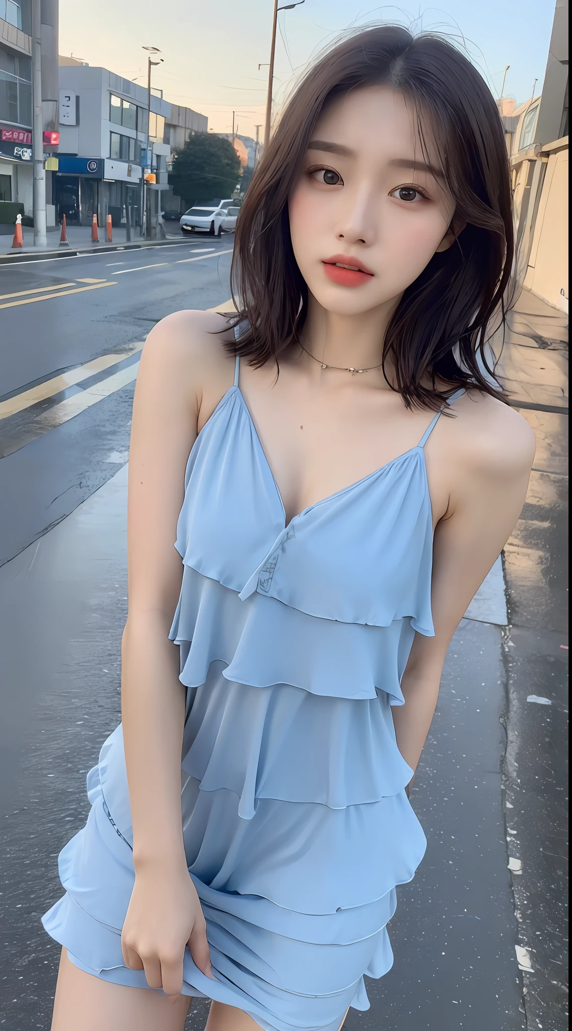 ((Best Quality, 8K, Masterpiece: 1.3)), Focus: 1.2, Perfect Body Beauty: 1.4, Ass: 1.2, ((Layered Haircut, Chest: 1.2)), (Wet Clothes: 1.1), (Rain, Street: 1.3), Bando Dress: 1.1, Highly Detailed Face and Skin Texture, Narrow Eyes, Double Eyelids, Whitening Skin, Long Hair, (Shut Up: 1.3), Half Naked