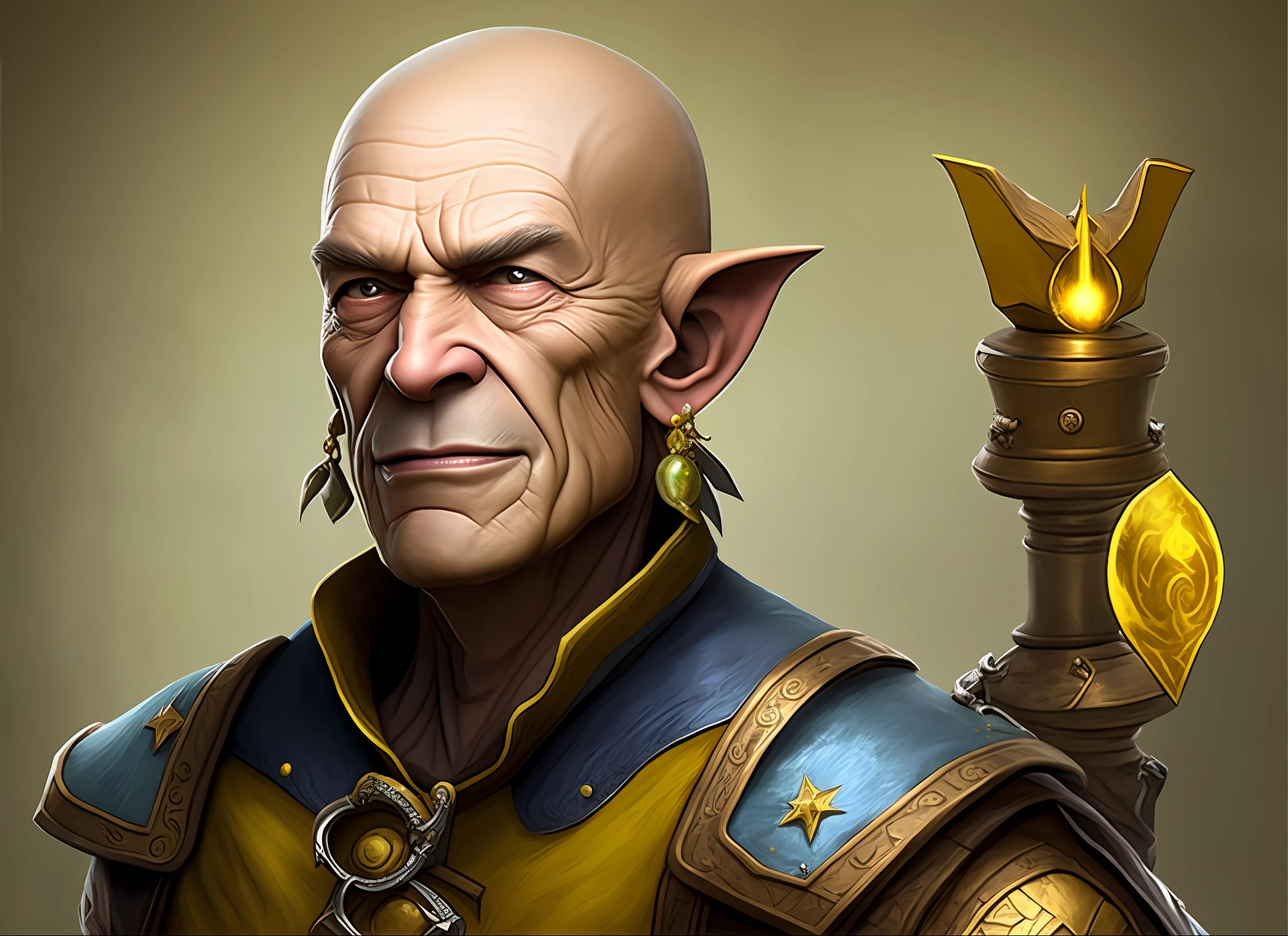 67-year-old man, yellow skin, pointed ears, flicky chin, postured and alchemist