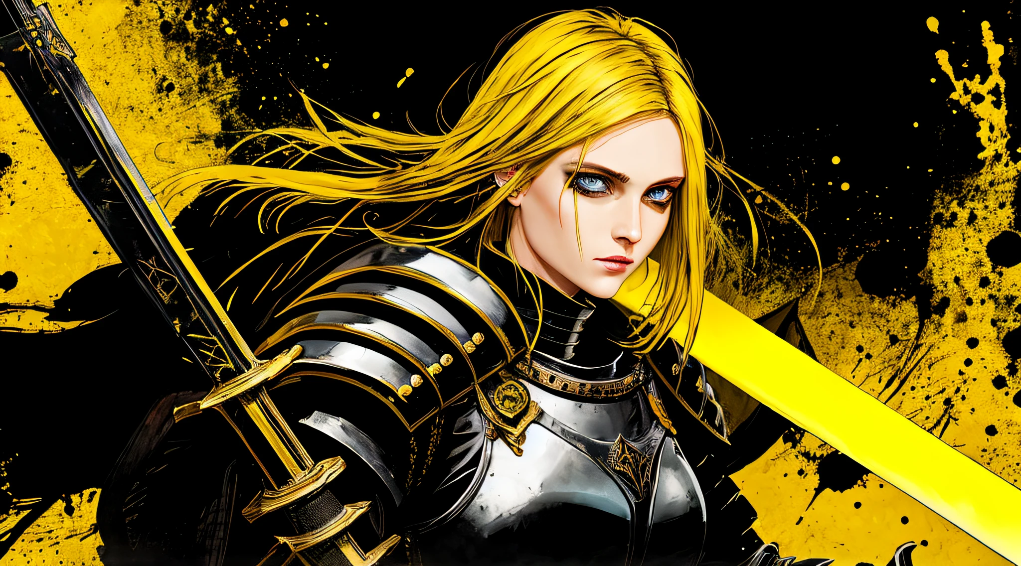 yellow and black, a blonde female medieval knight, with a sword, in the style of Mork Borg, strong contrast, grunge dirty punk splash art, black metal zine